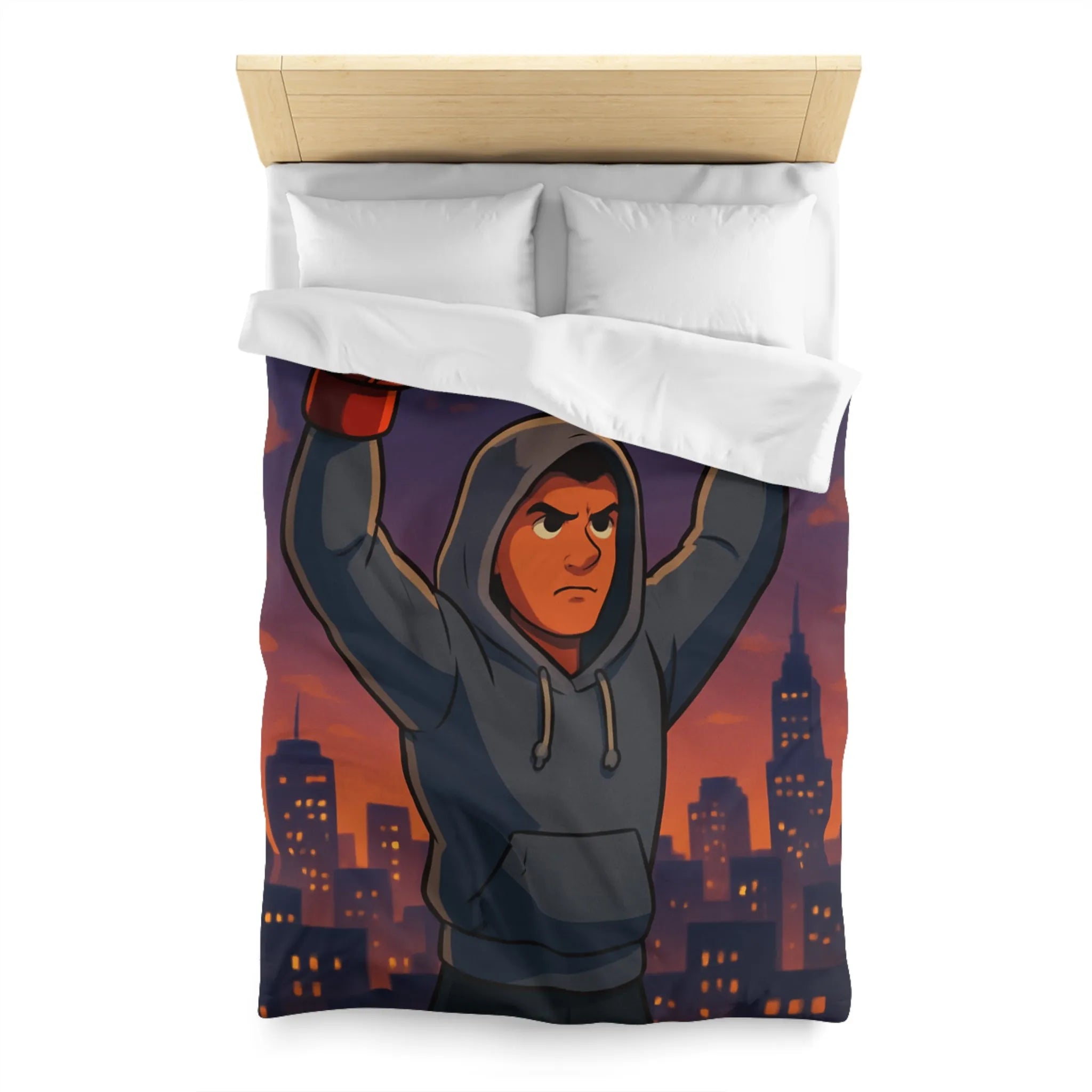 Housse de couette avec boxeur déterminé sous ciel de crépuscule en ville