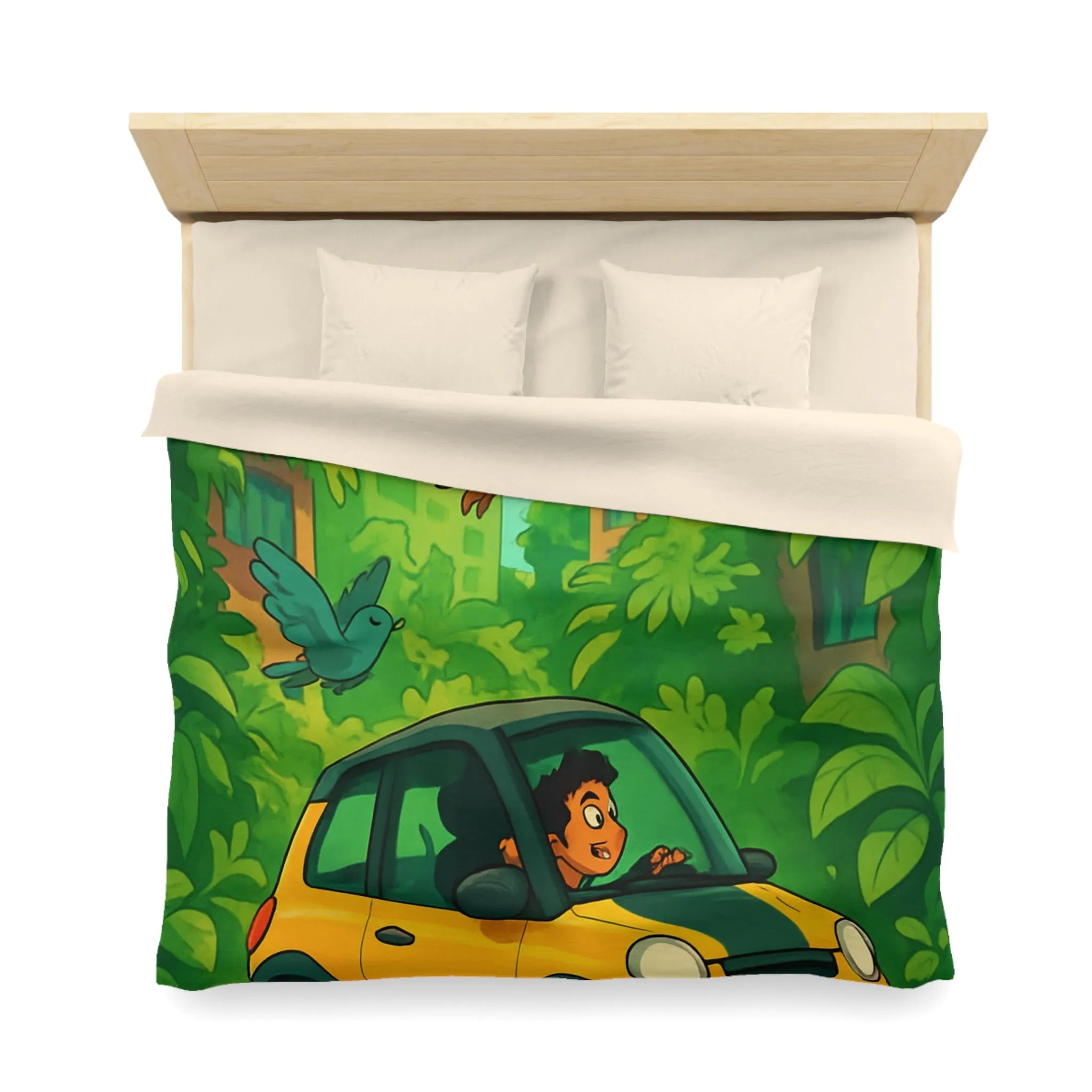 Housse de couette colorée avec voiture jaune et jungle luxuriante pour enfants aventureux