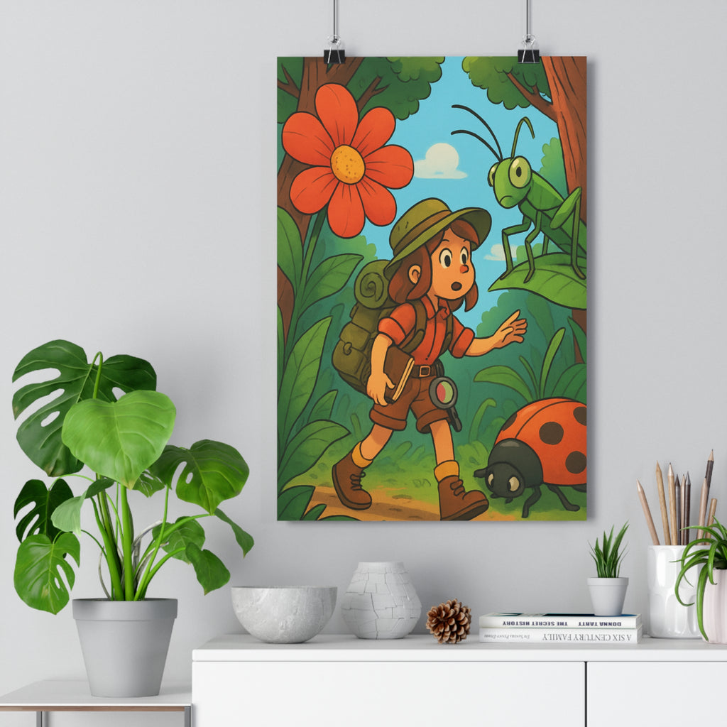 Poster décoratif enfant dessin animé coloré joyeux aventure explorateur forêt chapeau sac coccinelle sauterelle