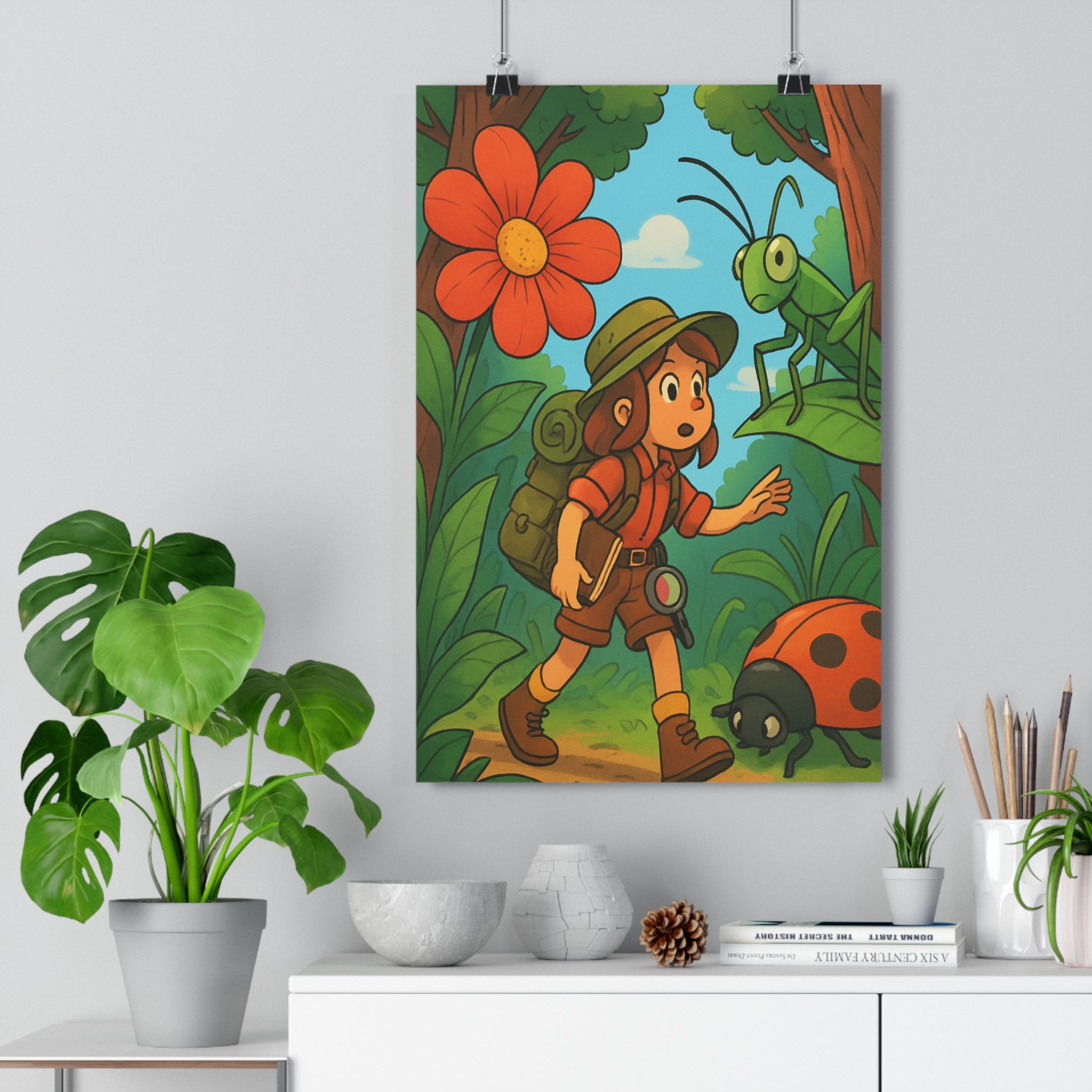 Poster décoratif enfant dessin animé coloré joyeux aventure explorateur forêt chapeau sac coccinelle sauterelle