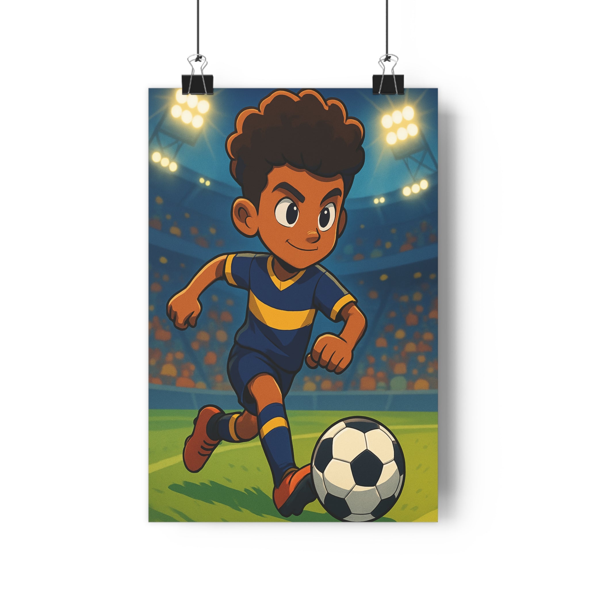 Poster décoratif moderne cartoon bleu jaune enfant footballeur dynamique énergie chambre vibrant action illuminé