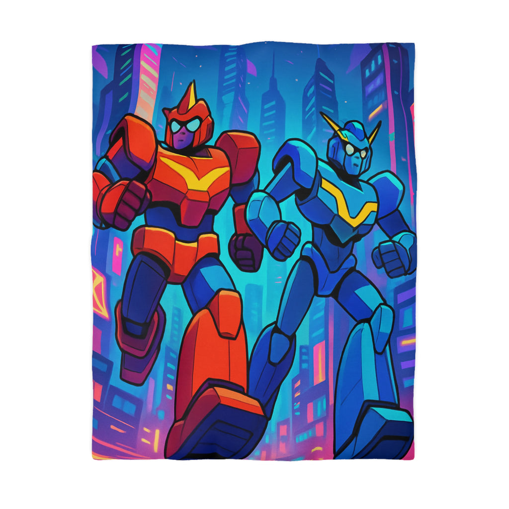 Housse de couette robot futuriste colorée, style rétro avec ambiance urbaine dynamique