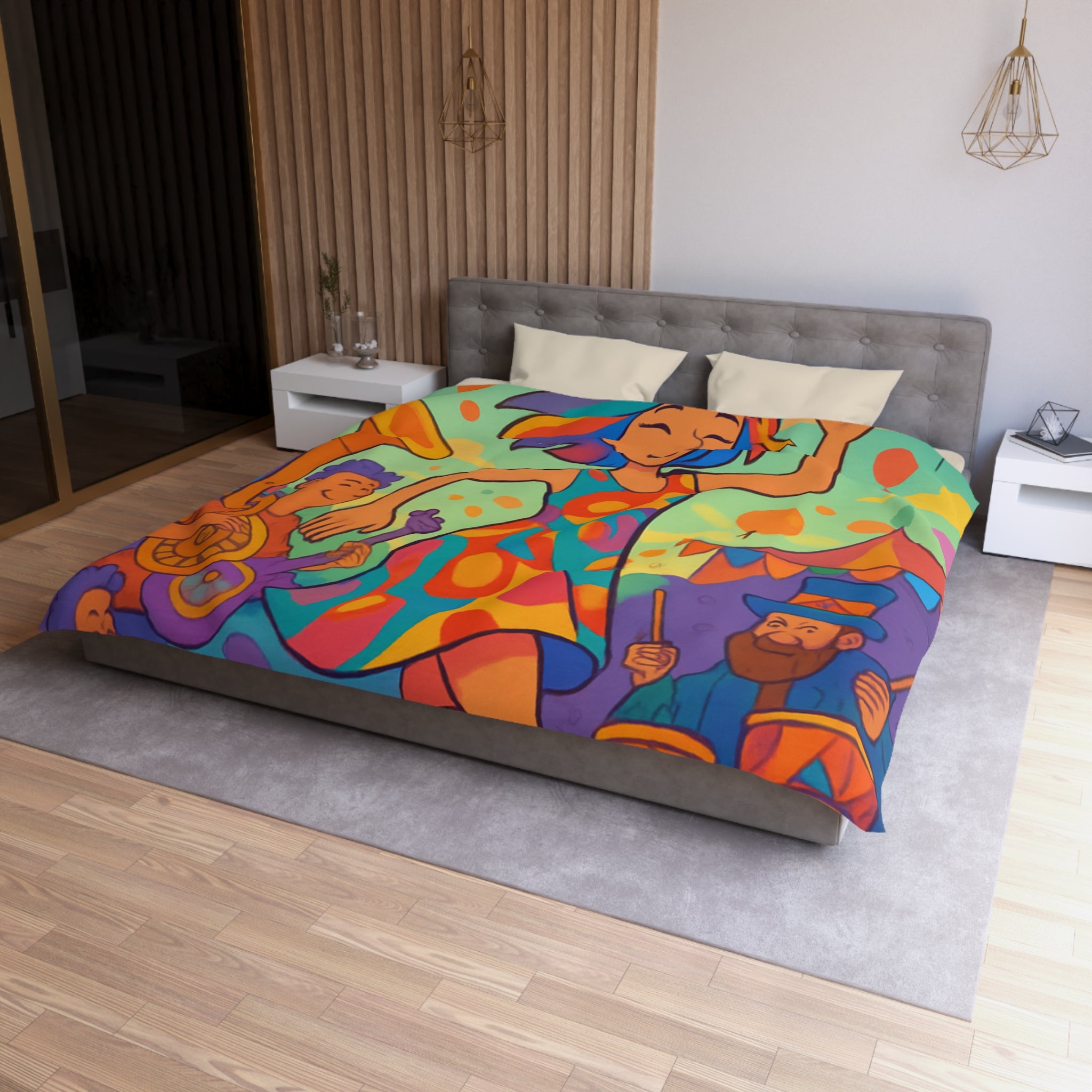 Housse de couette multicolore avec motif de fête joyeuse et personnages dansants