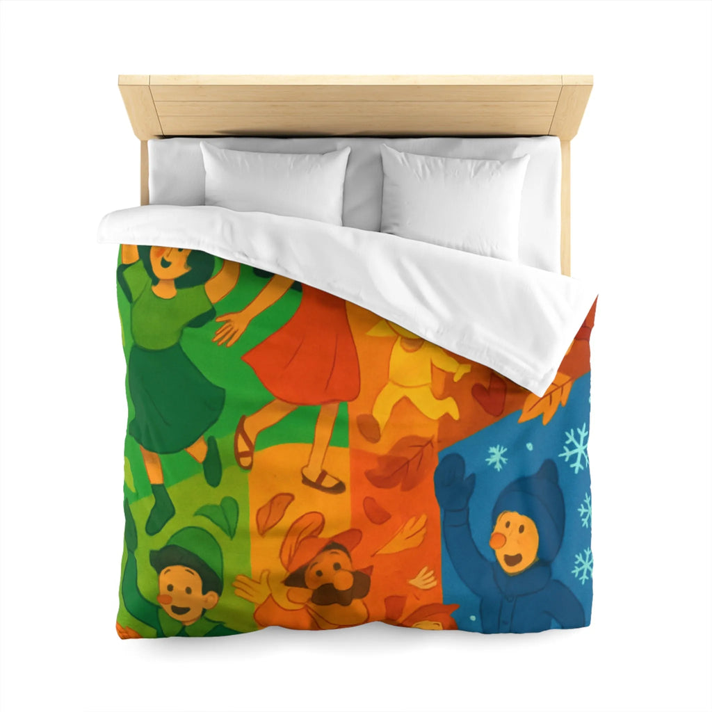 Housse de couette colorée illustrant les quatre saisons avec personnages joyeux et motifs vibrants