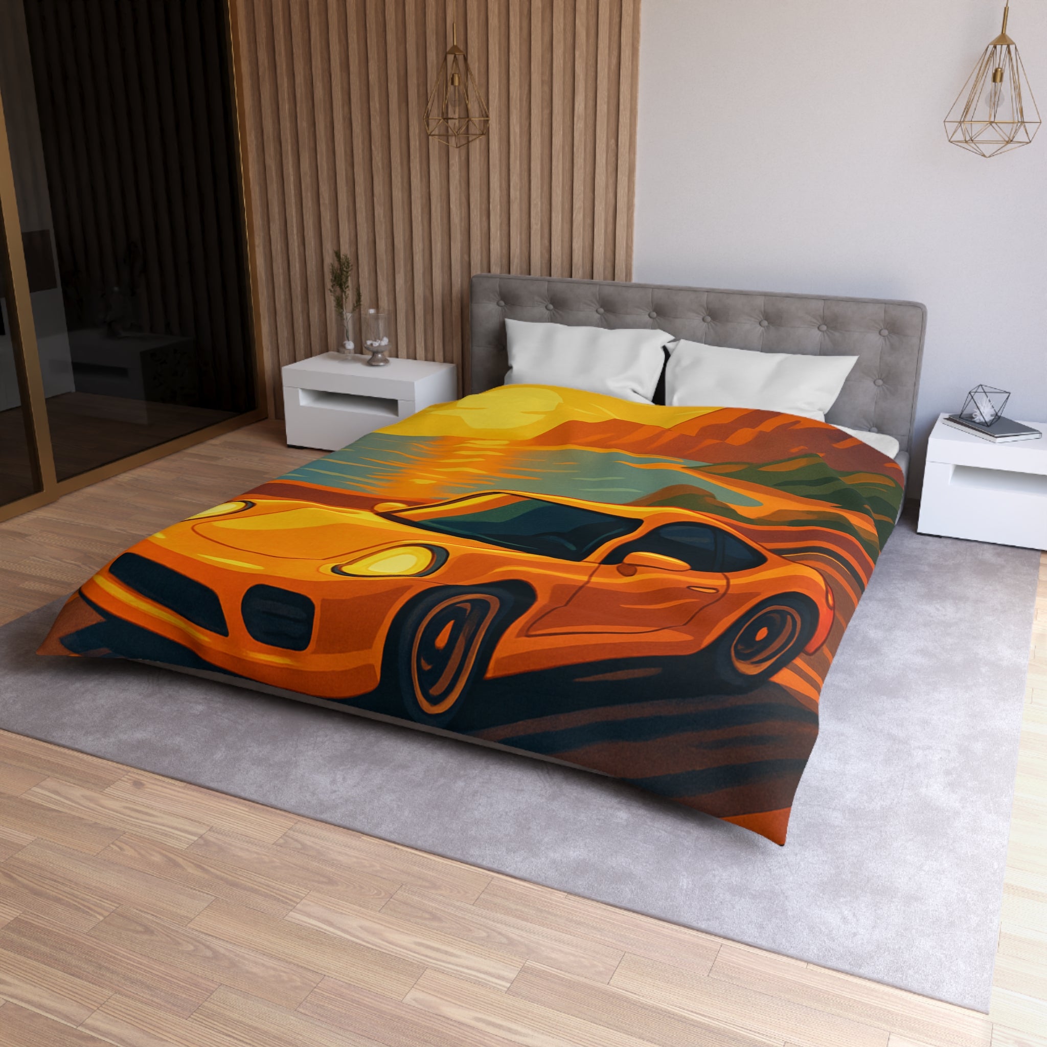 Housse de couette voiture sportive orange route côtière coucher de soleil paysage vibrant