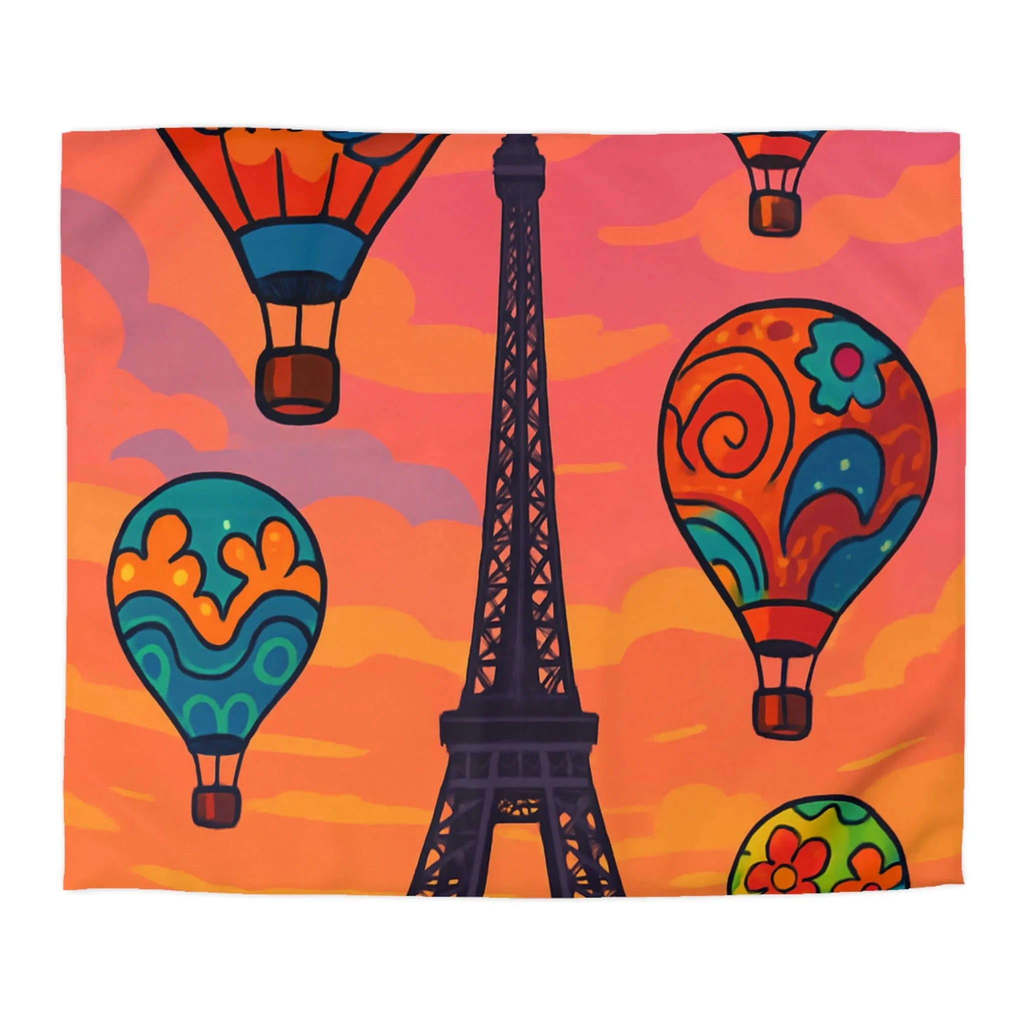 Housse de couette colorée avec montgolfières et tour Eiffel en coucher de soleil
