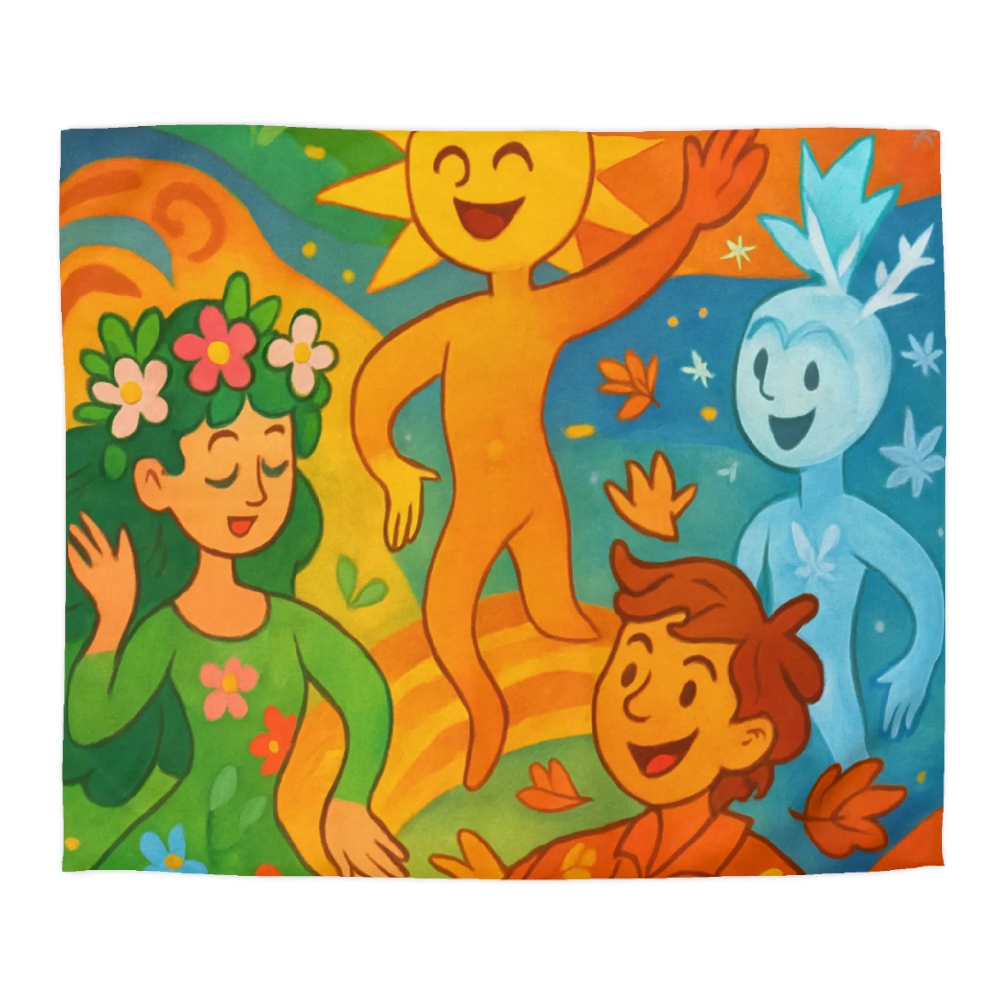 Housse de couette éclatante illustrant les quatre saisons dans un design ludique et coloré