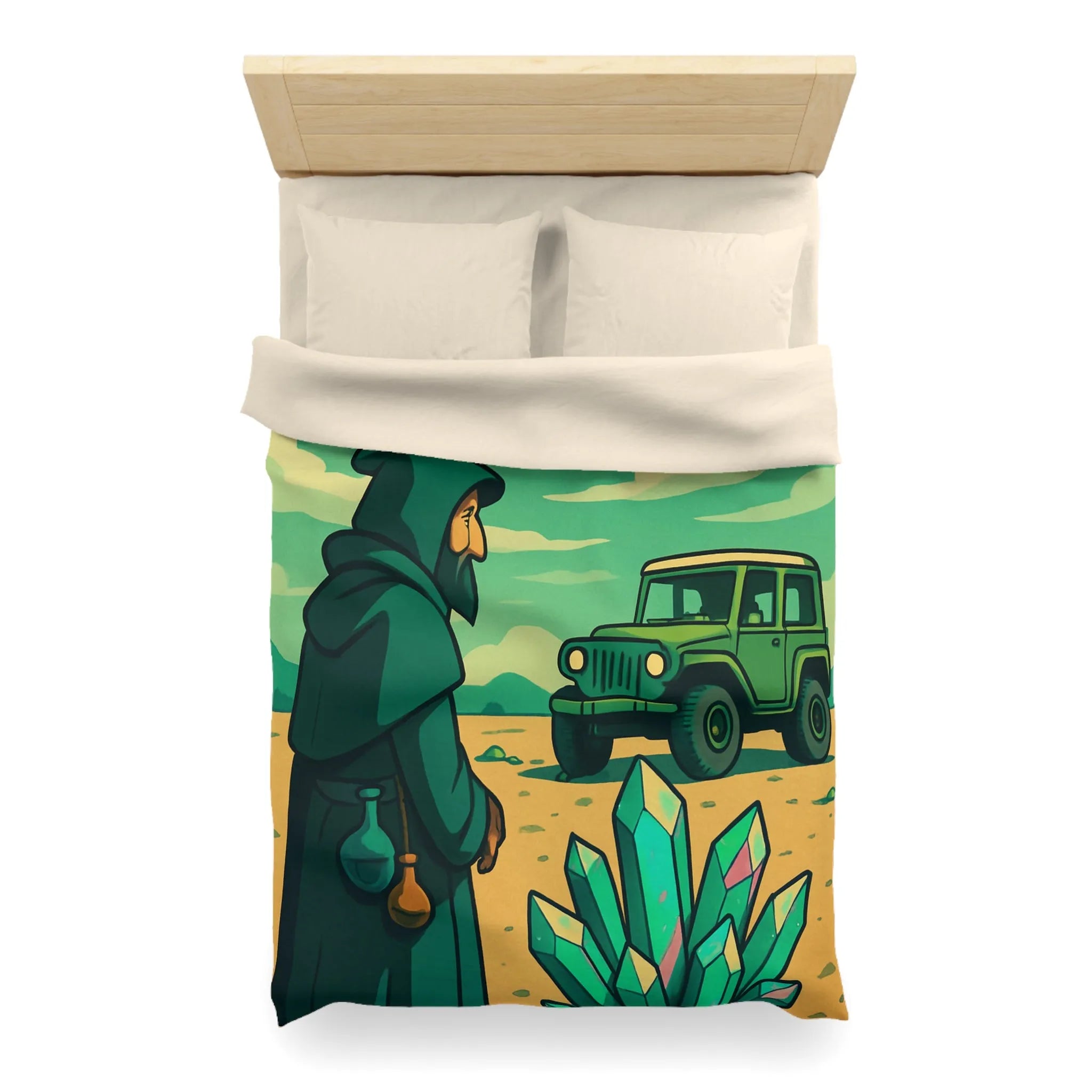 Housse de couette illustrée avec paysage surnaturel, grotte colorée et véhicule tout-terrain