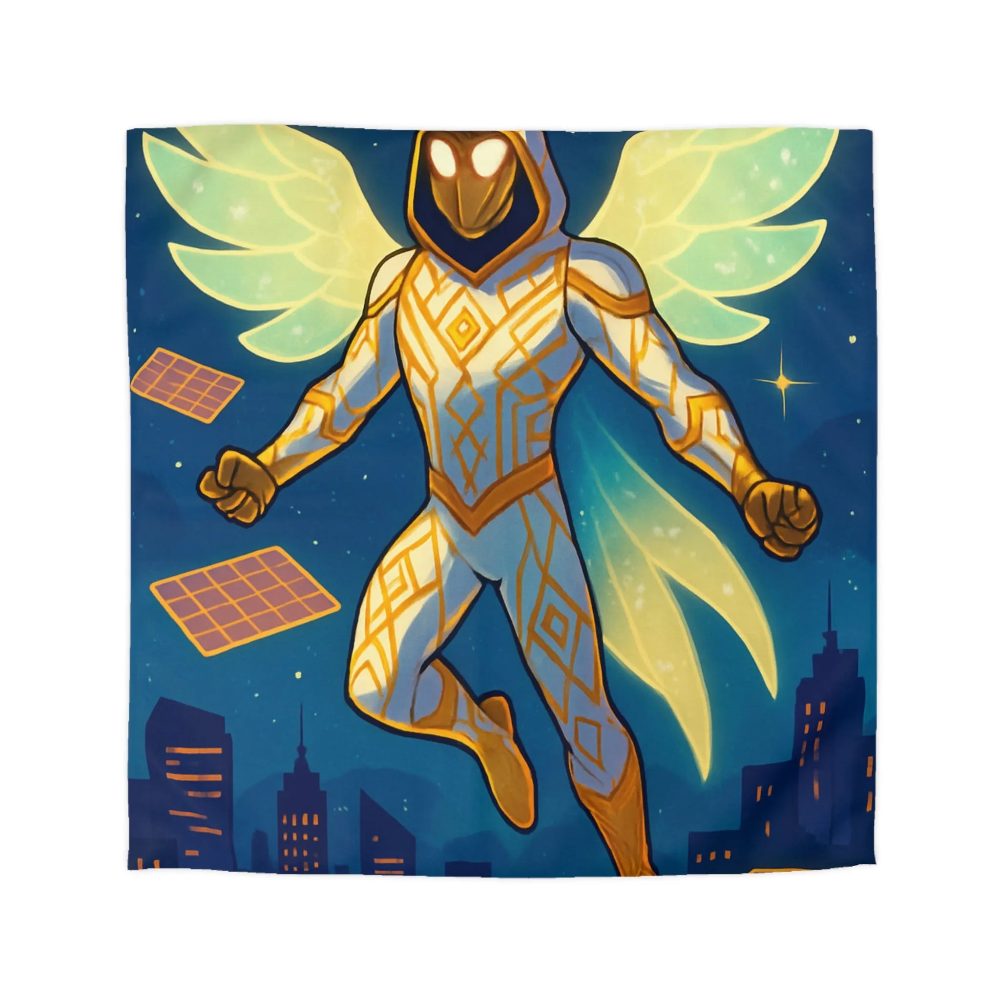 Housse de couette avec héros ailé lumineux sur ciel étoilé et ville futuriste