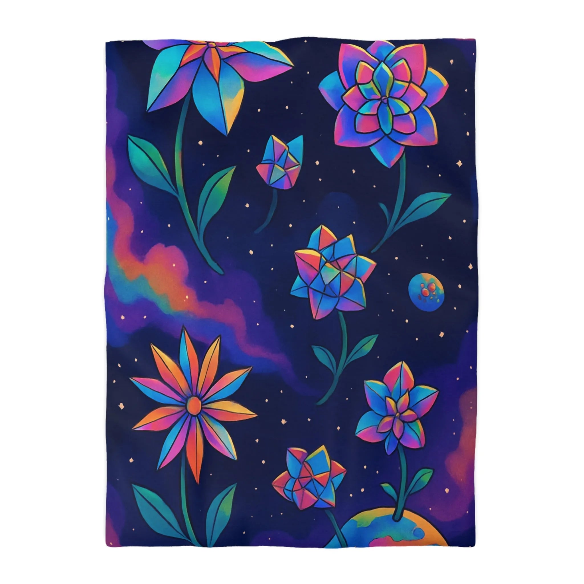 Housse de couette avec des fleurs géométriques aux couleurs cosmiques dans l'espace étoilé