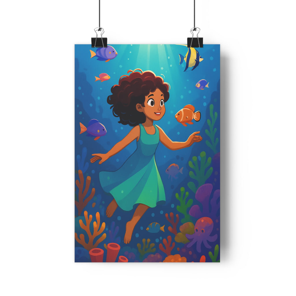 Poster décoratif dessin animé bleu vert sousmarin serein enfant chambre océan poisson corail vibrant