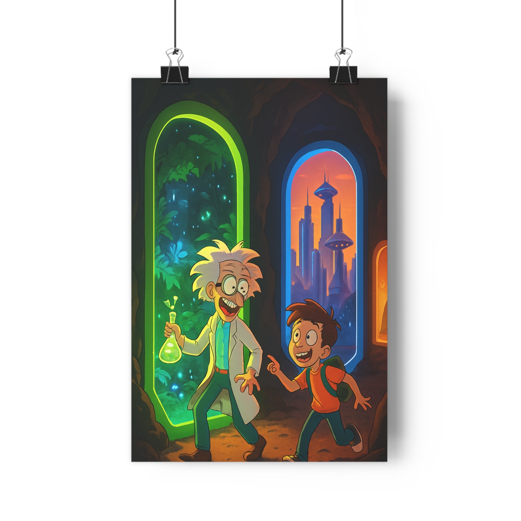 Poster décoratif cartoon aventure mystique vert orange chambre enfant bureau vibrant exploration personnages mouvement