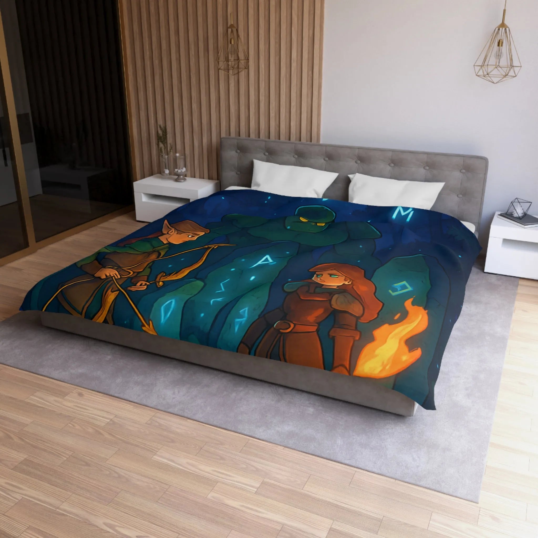 Housse de couette avec illustration de forêt mystique illuminée par runes magiques et lune