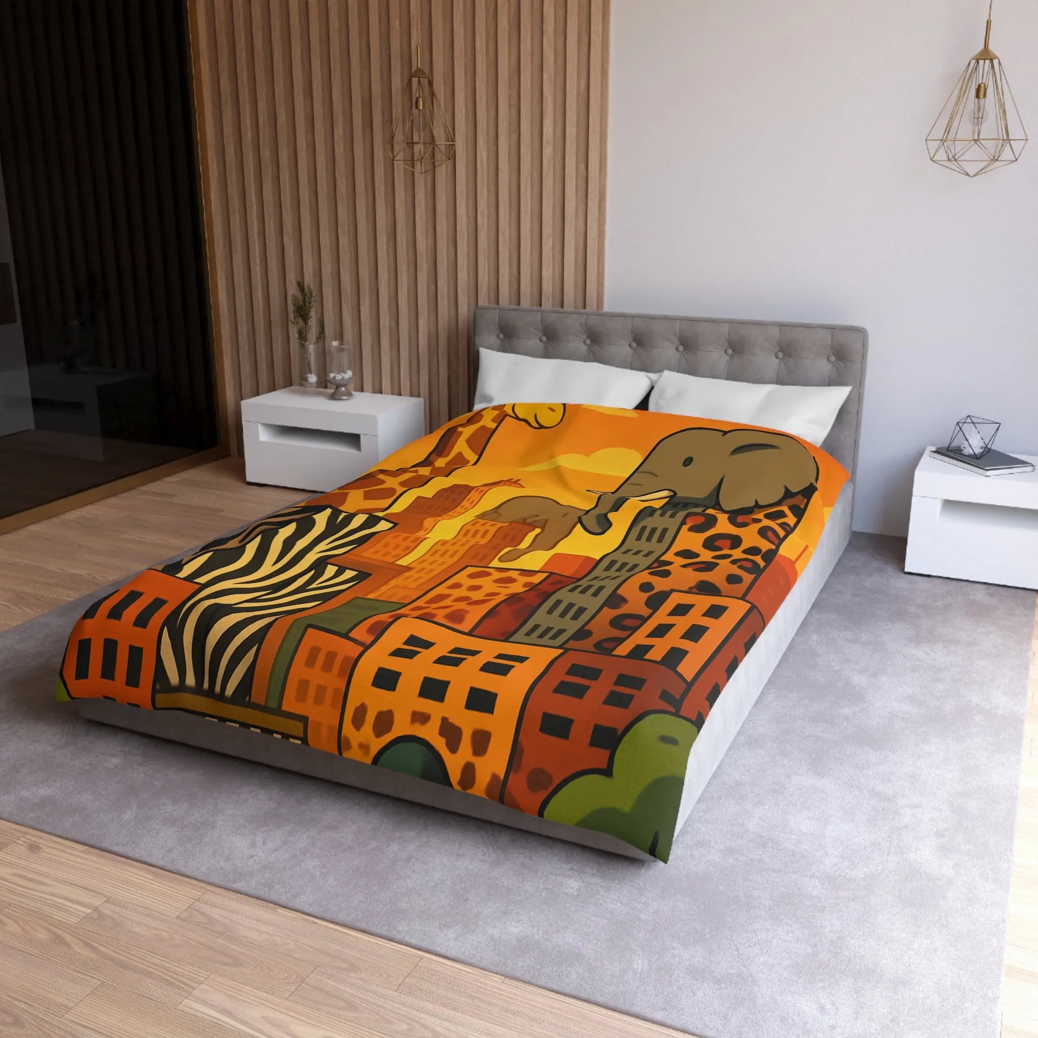 Housse de couette jungle urbaine : gratte-ciel animaux dans tons chauds, motif sauvage