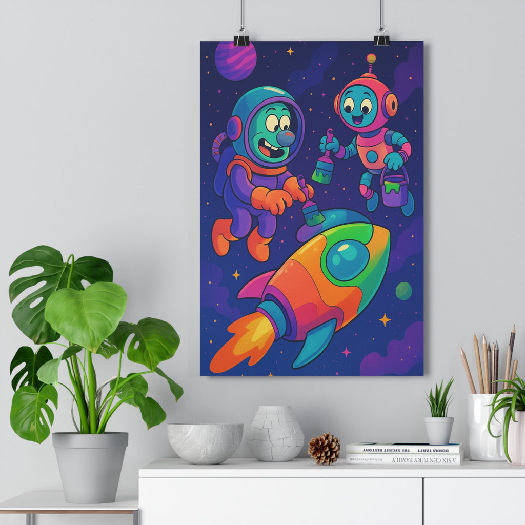 Poster décoratif cartoon galactique bleu vert orange joyeux enfant chambre créatif futuriste espace 30x46