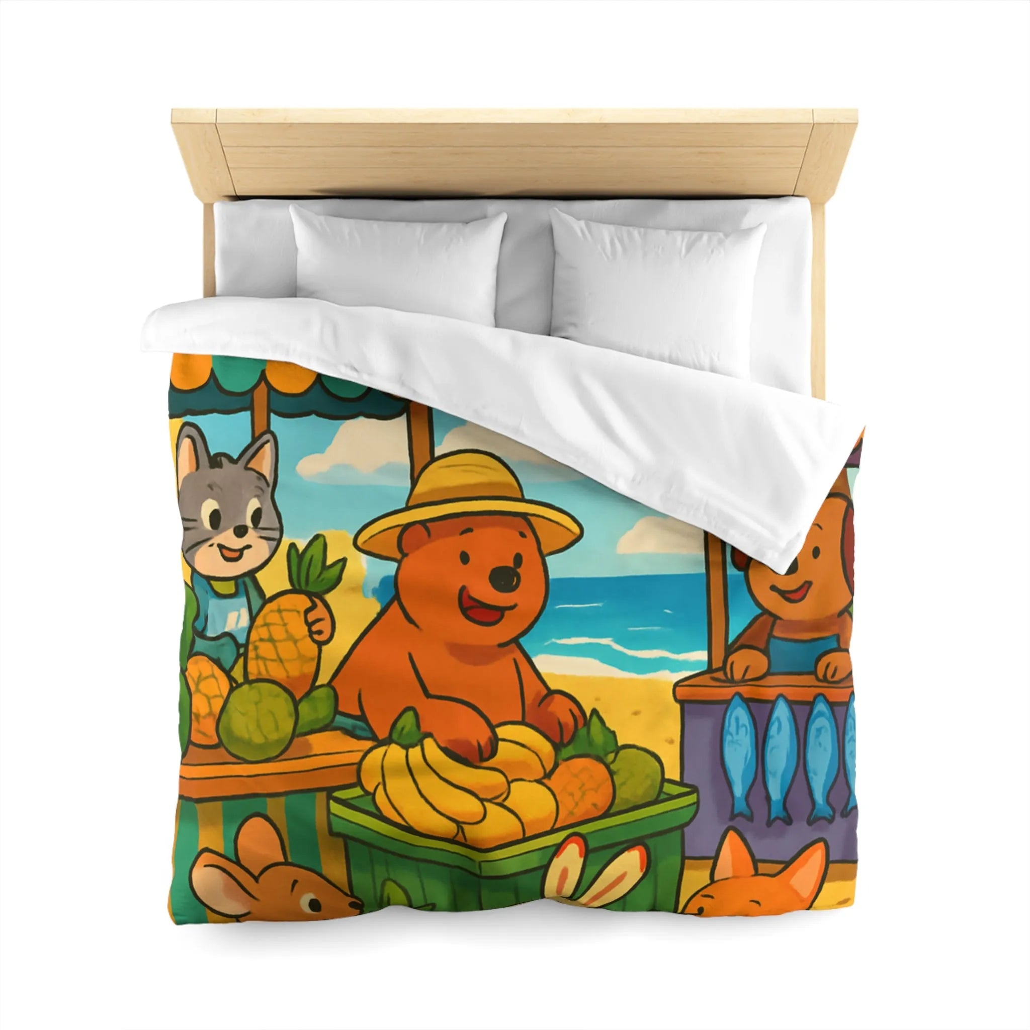 Housse de couette enfant avec animaux mignons sur plage et étals de fruits