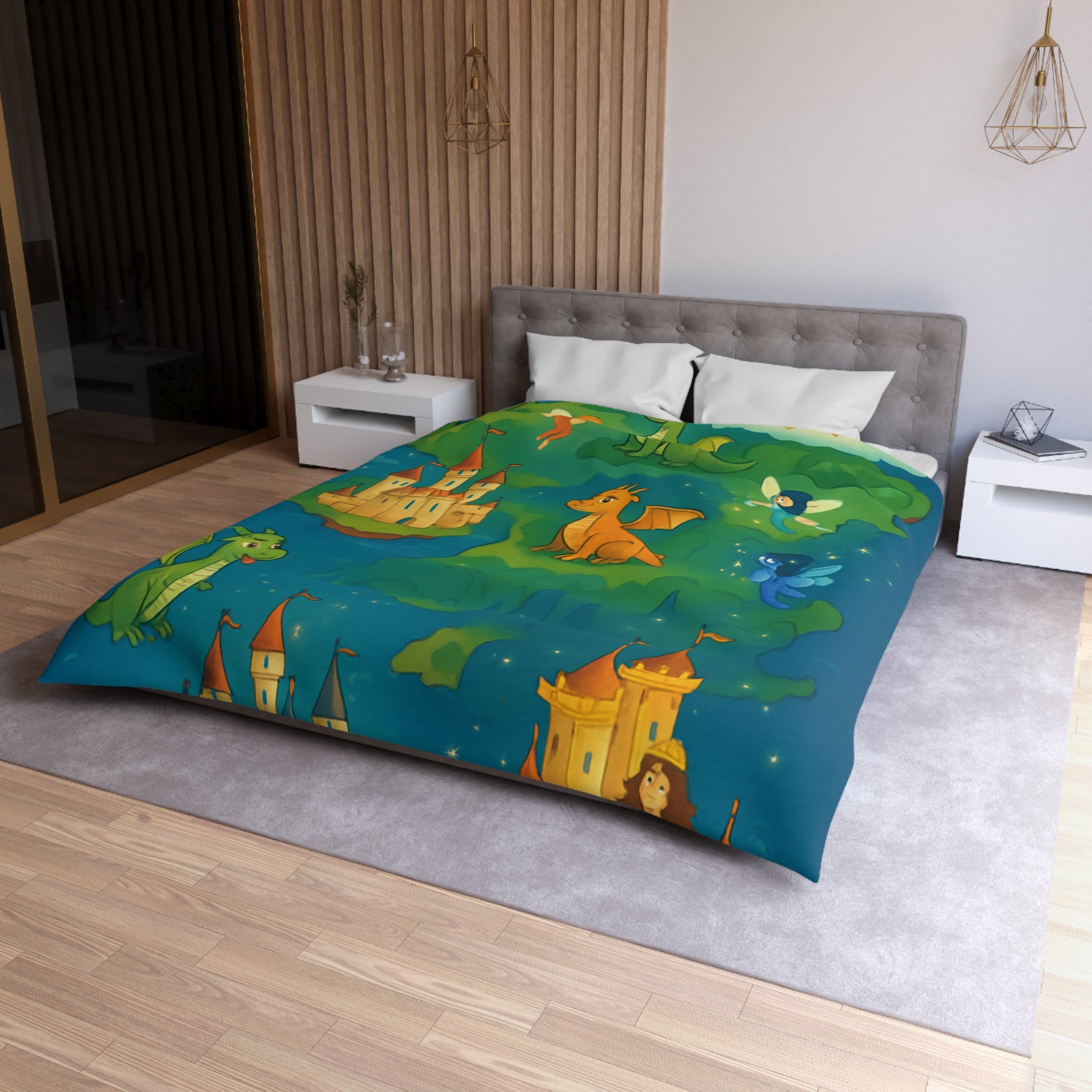 Housse de couette thématique féerique avec dragons, châteaux et un sorcier rêveur