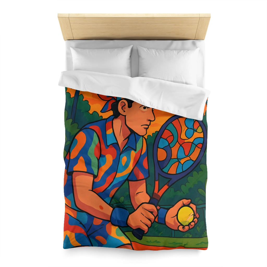 Housse de Couette Colorée Tennis Design Vibrant avec Joueur en Action et Palmiers