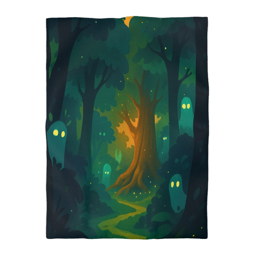 Housse de couette mystérieuse forêt enchantée avec esprits lumineux et sentier sinueux