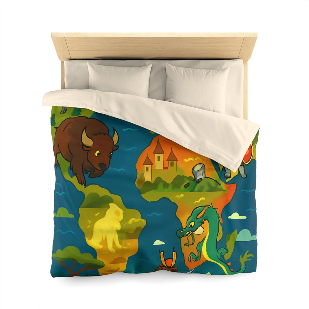 Housse de couette épique avec dragons, samouraïs et créatures légendaires au style coloré.