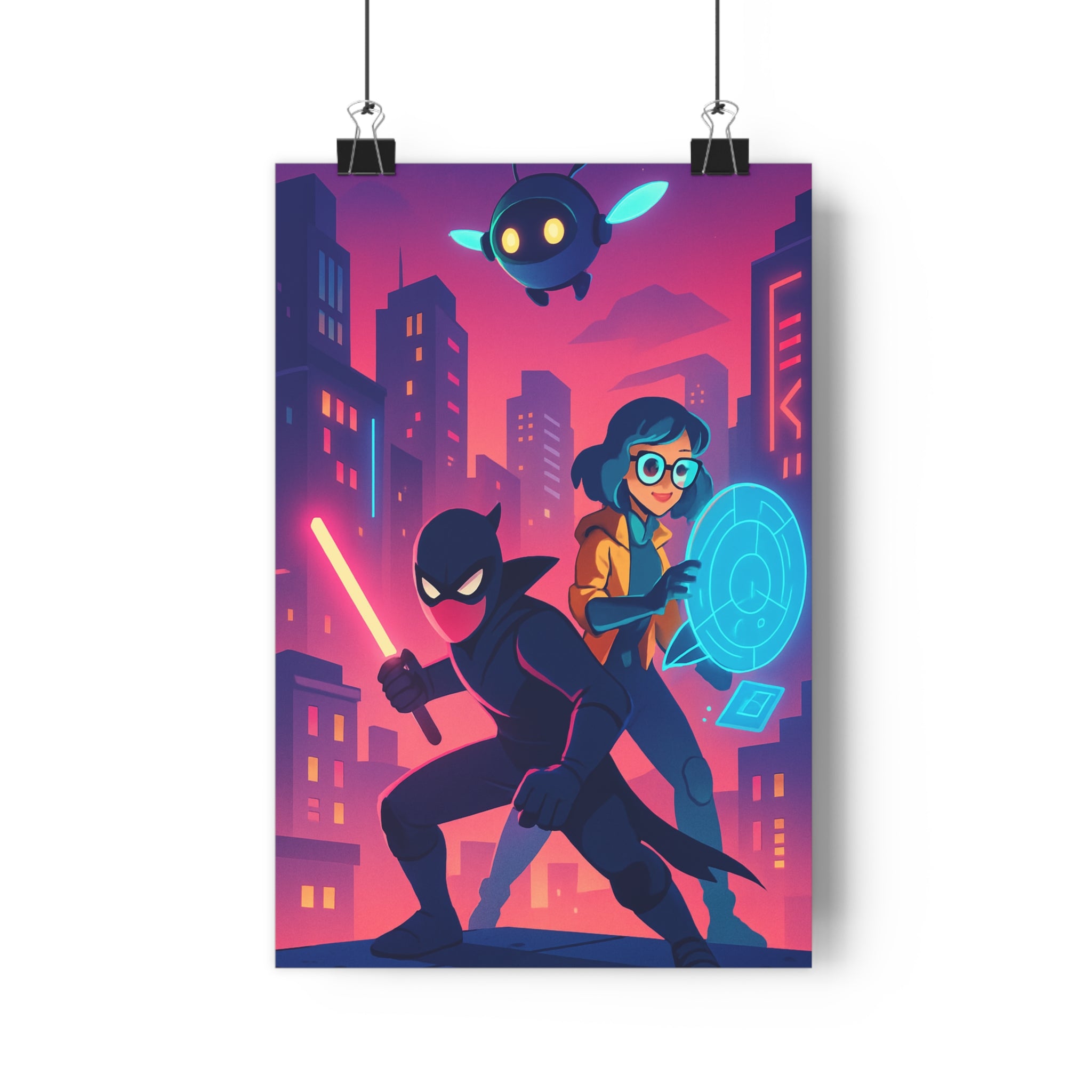 Poster décoratif urbain futuriste violet rose héros robot ville moderne dynamique chambre ambiance qualité