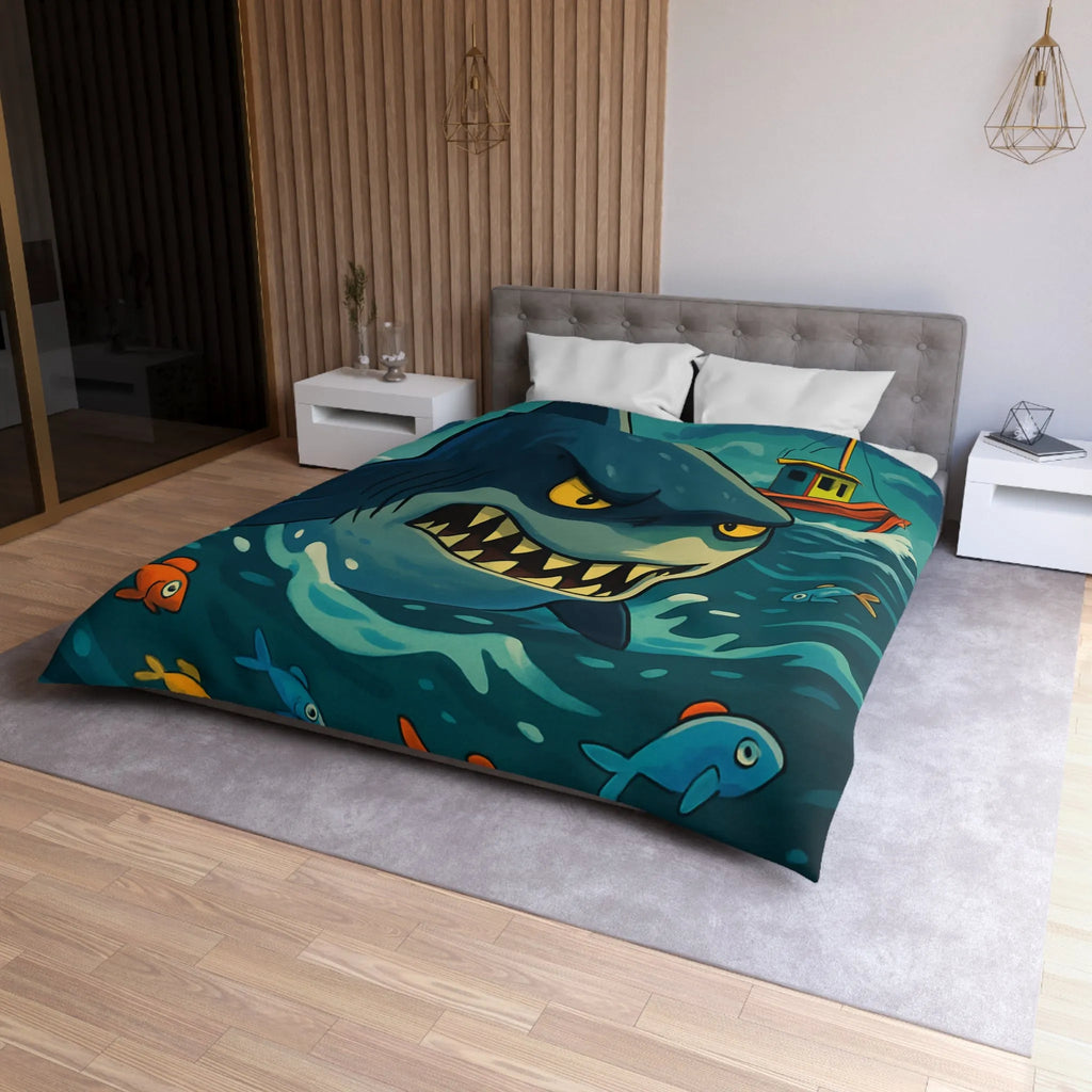 Housse de couette avec requin cartoon effrayant et poissons colorés en mer orageuse
