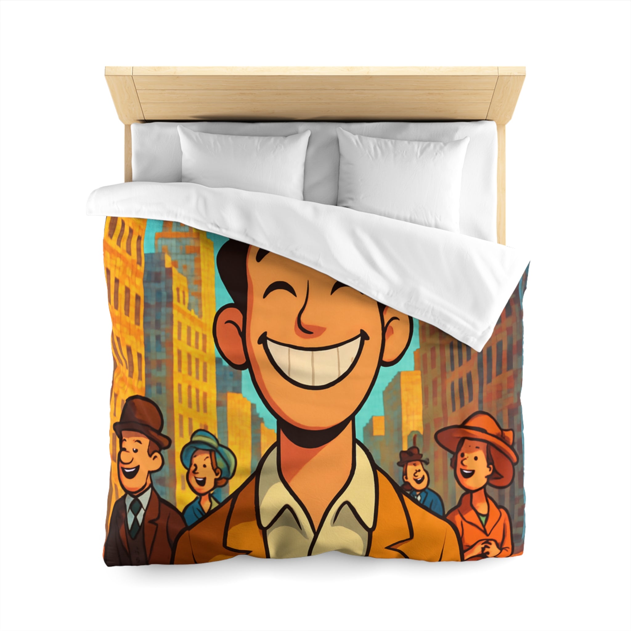 Housse de couette vintage avec personnages souriants et architecture urbaine en arrière-plan