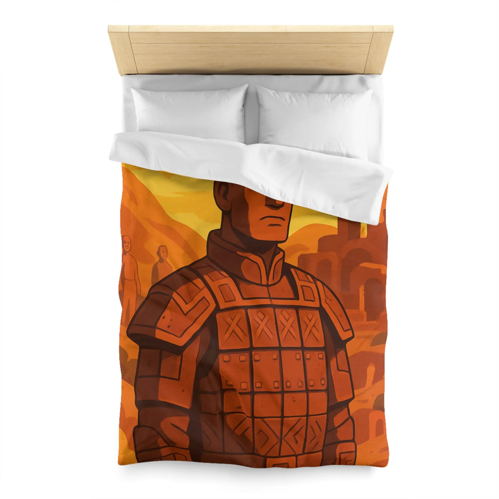 Housse de couette inspirée des guerriers antiques dans un style artistique épuré et vibrant