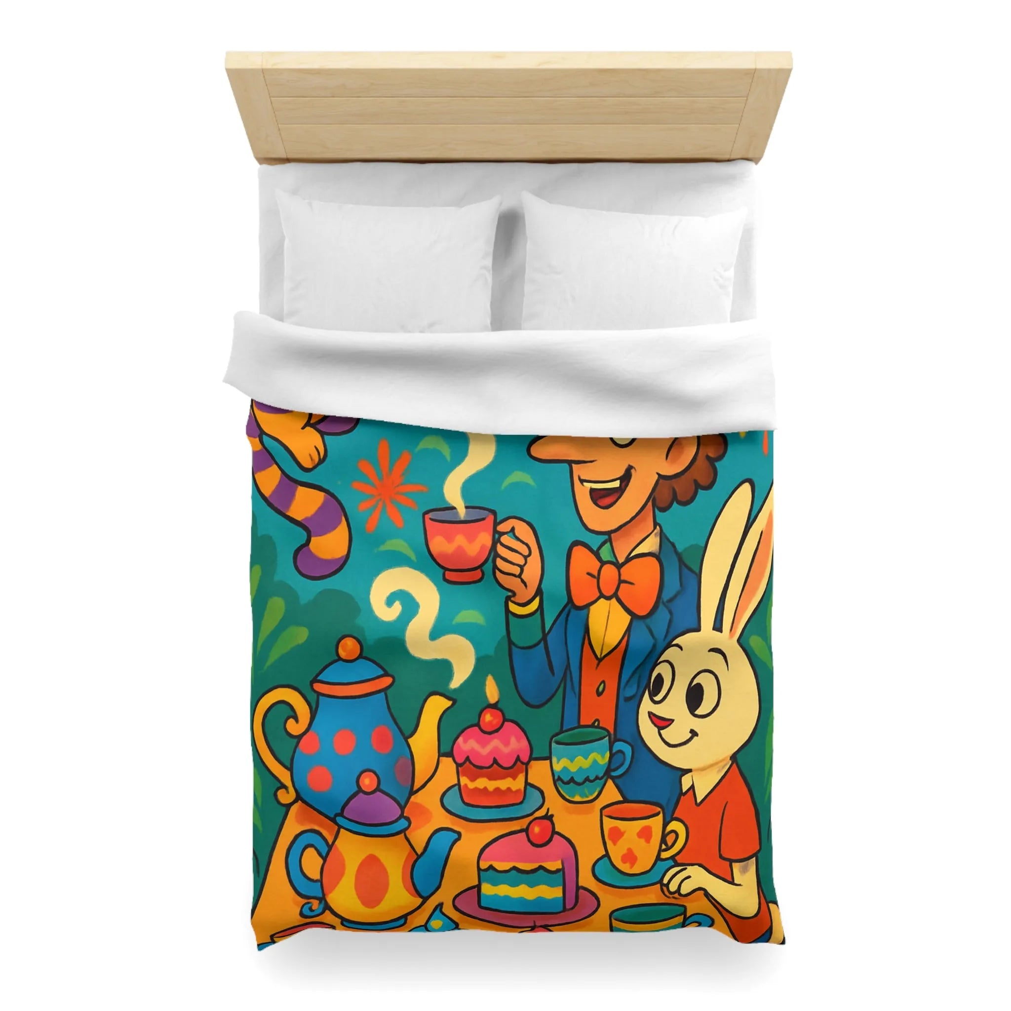 Housse de couette colorée avec scène de thé joyeuse inspirée d'un conte fantaisiste
