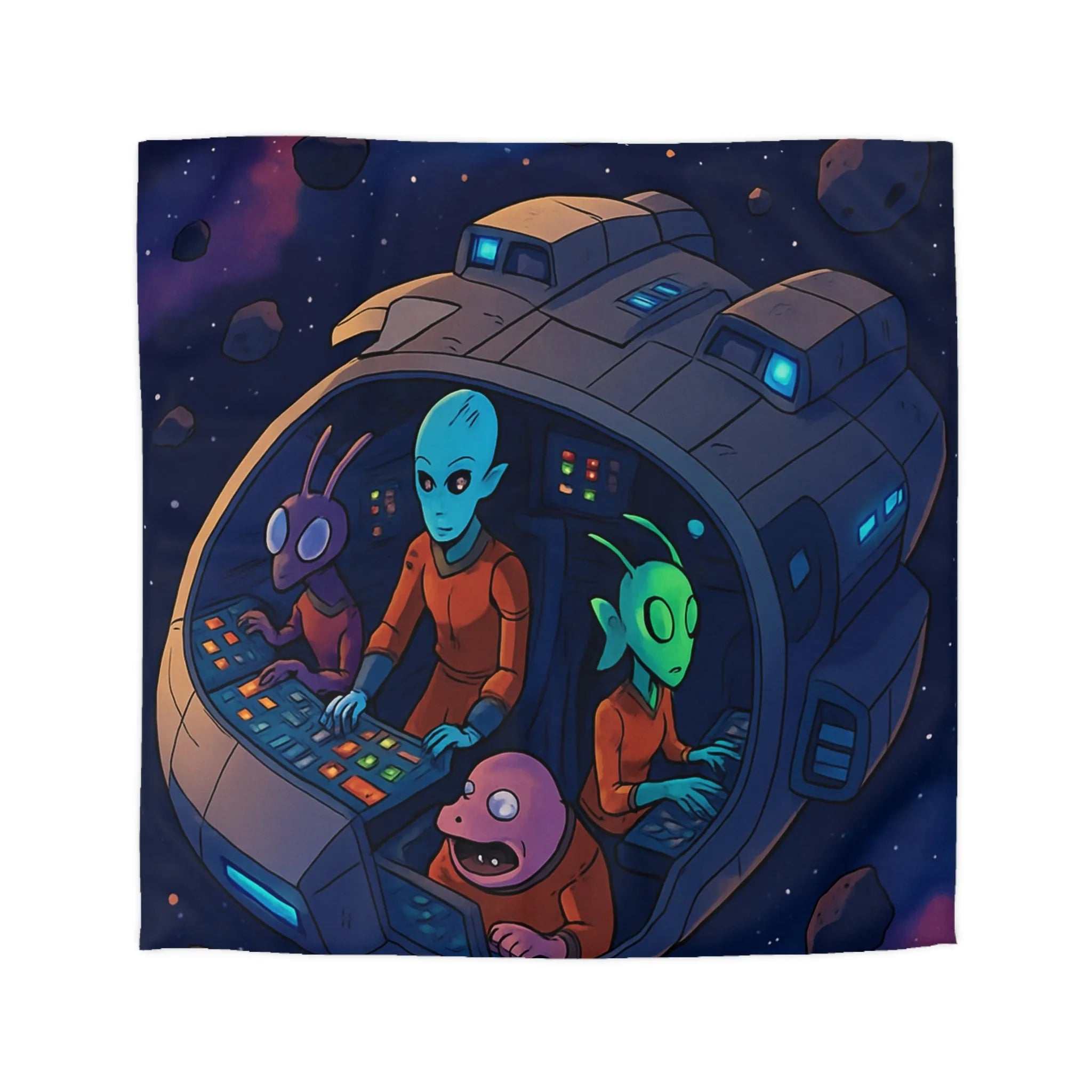 Housse de couette colorée avec extraterrestres dans un vaisseau spatial naviguant dans l'espace