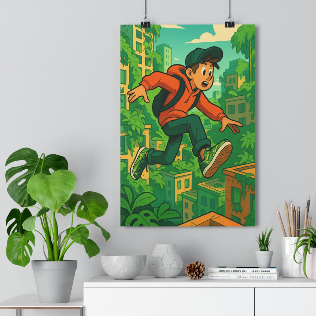 Poster décoratif moderne aventure jungle urbaine orange vert enfant chambre dynamique tendance qualité premium