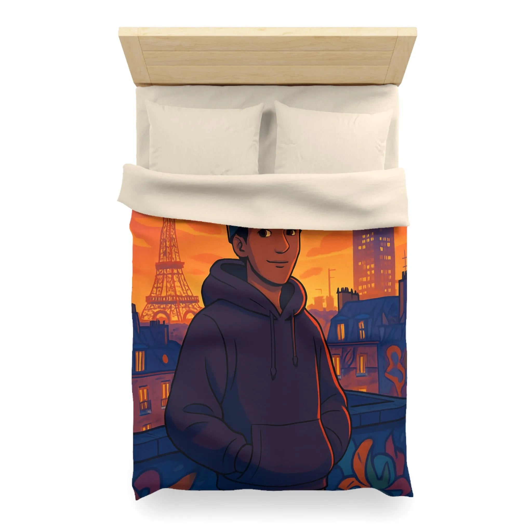 Housse de couette colorée avec ville, tour emblématique et vol de pigeons au crépuscule