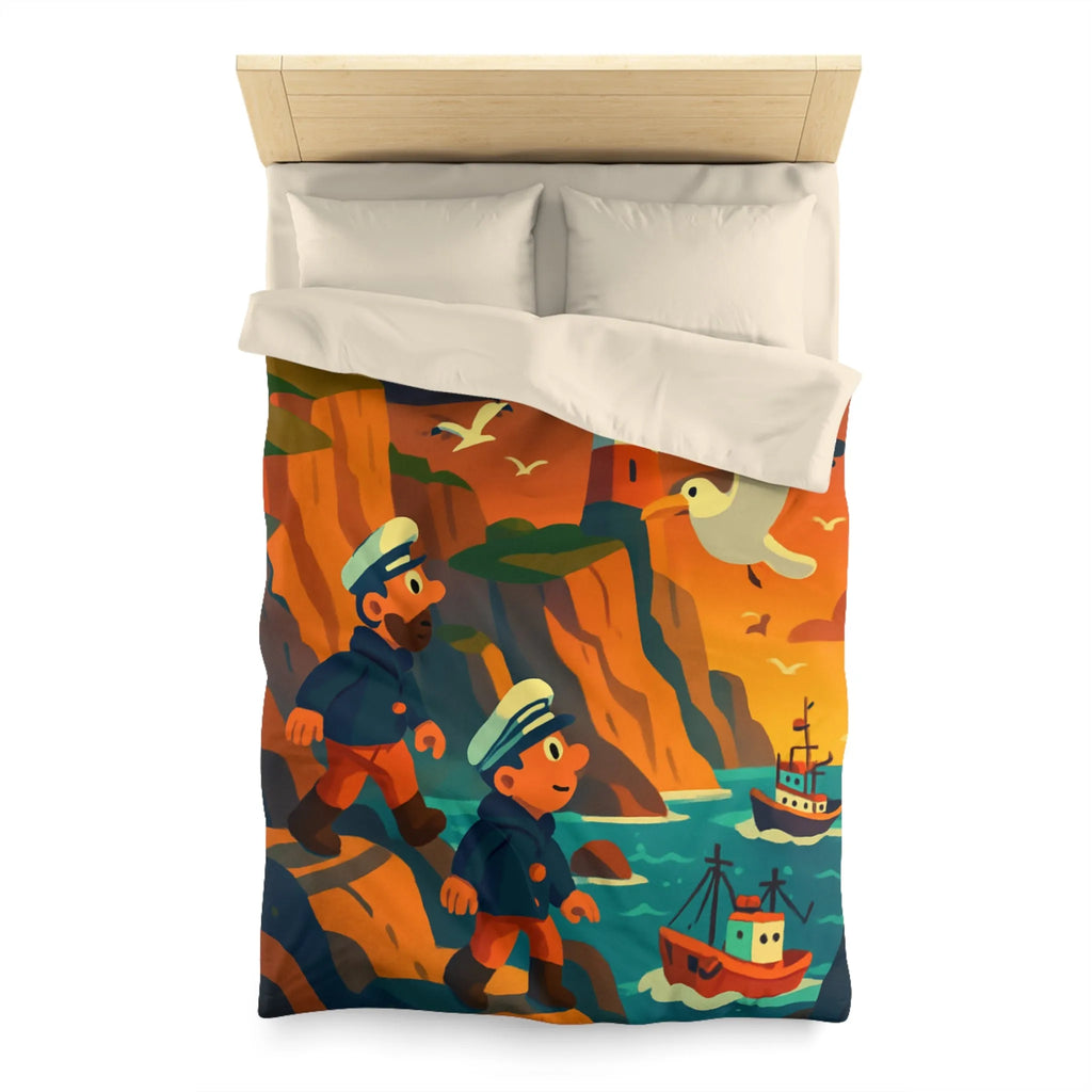 Housse de couette maritime colorée avec phares et marins au coucher du soleil