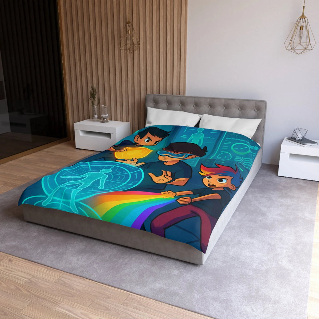 Housse de couette colorée avec enfants explorant un monde futuriste numérique et lumineux