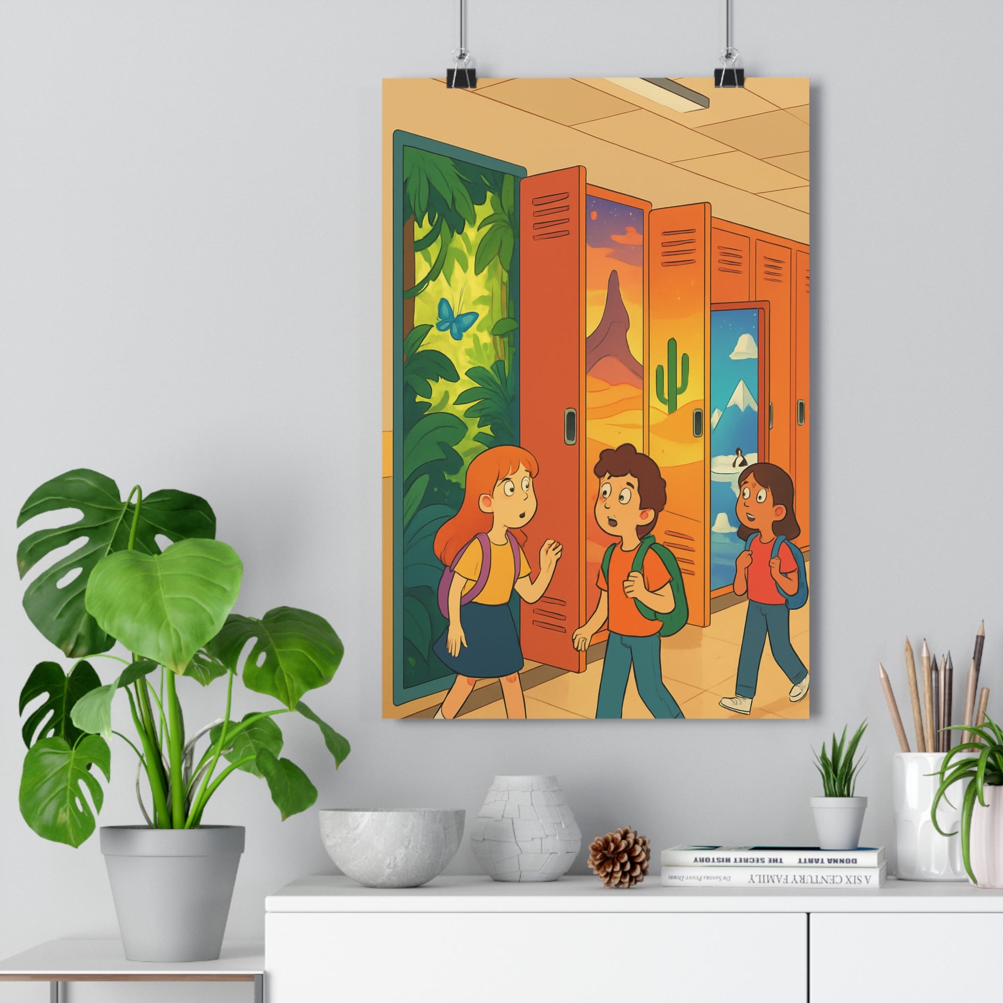Poster décoratif dessin animé enfant aventure jungle désert montagne coloré vibrant imaginaire chambre curiosité
