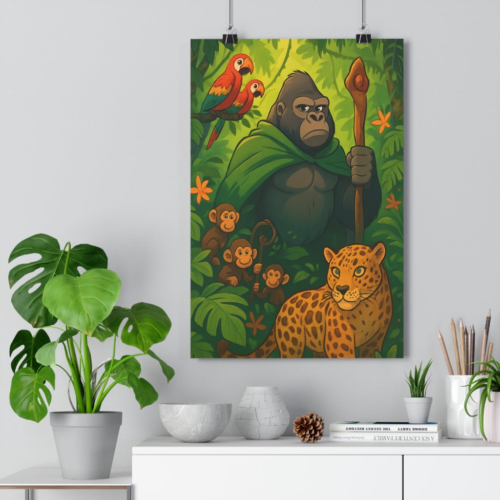 Poster décoratif jungle vibrant animaux cartoon joyeux chambre enfant coloré expressif sauvage nature aventure