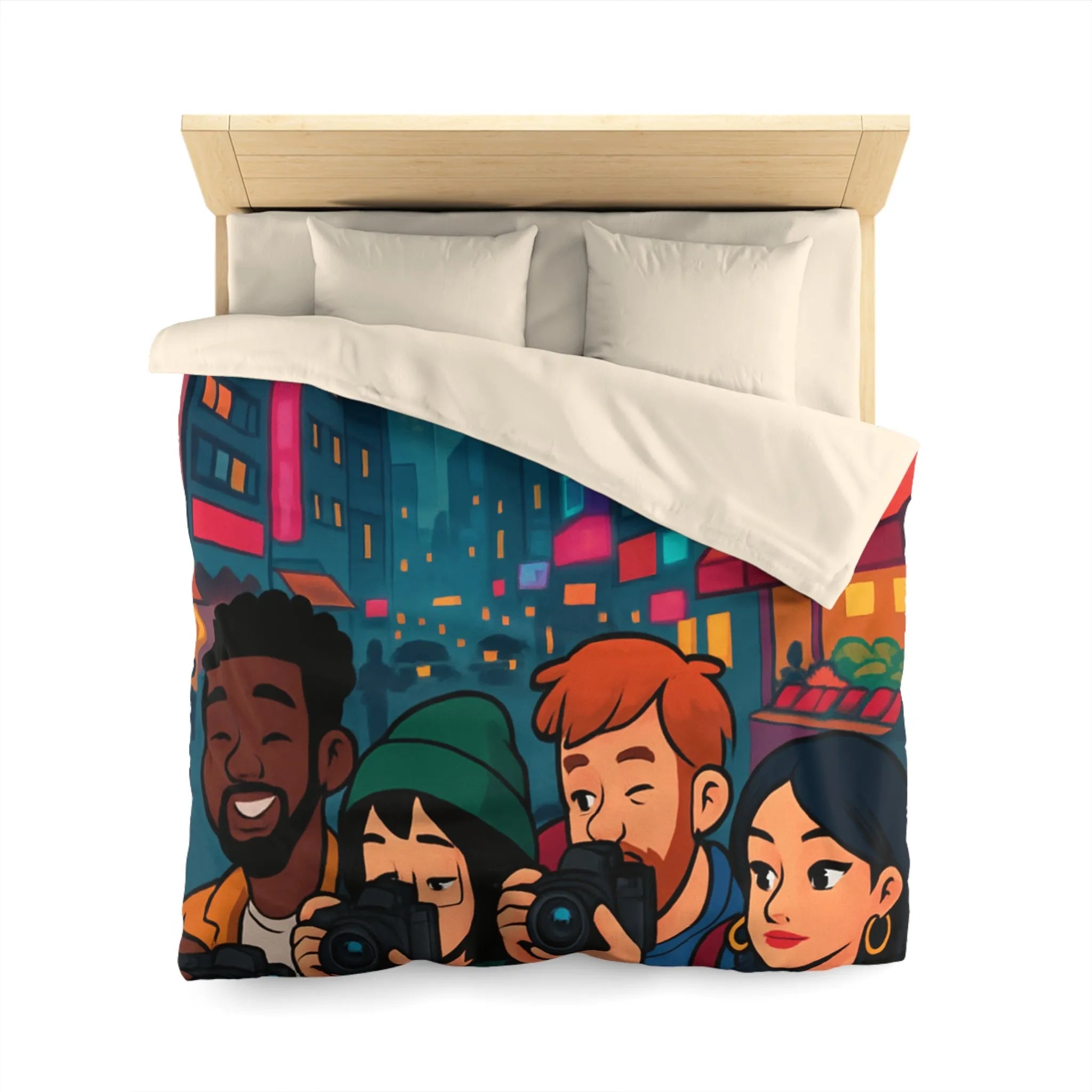 Housse de couette avec photographe urbain, design moderne et ambiance néon vibrante