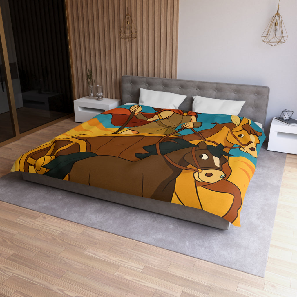 Housse de couette représentant guerrière en char avec chevaux marron dans désert animé