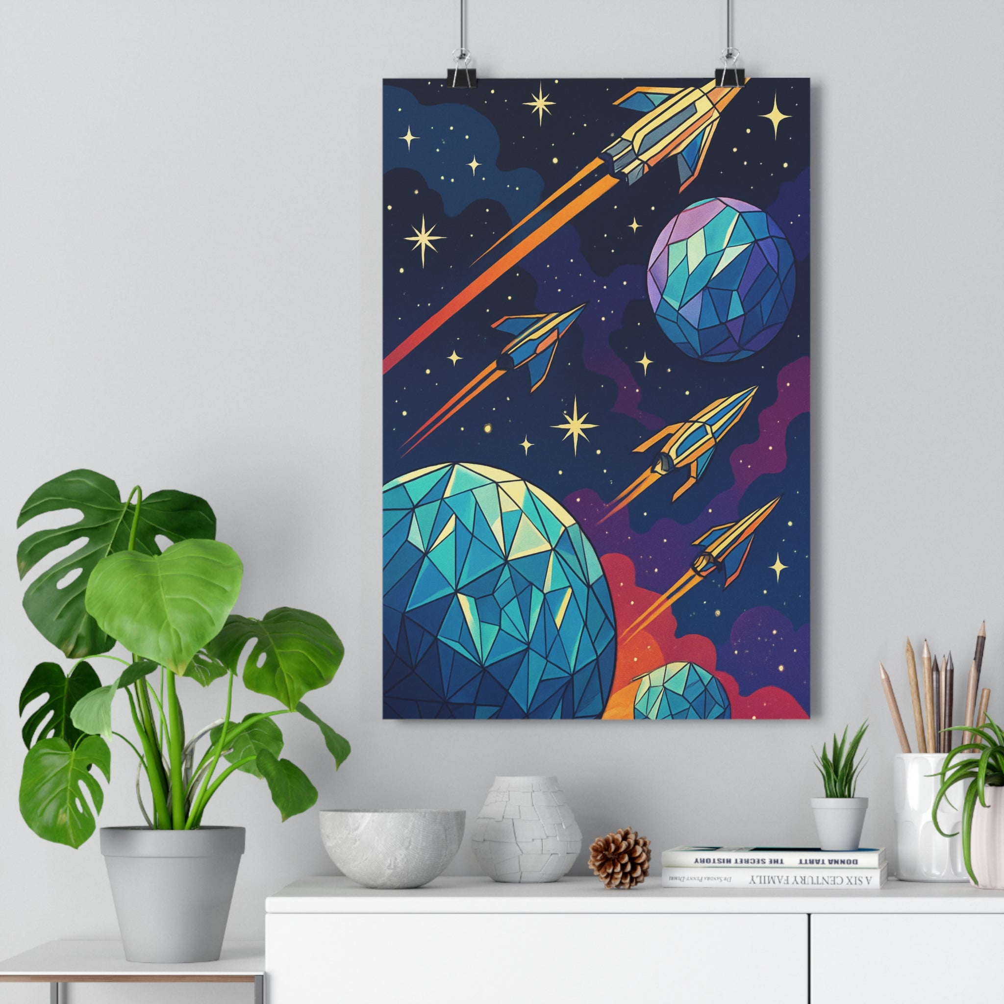 Poster décoratif moderne bleu violet futuriste aventure salon chambre enfant espace design tendance qualité