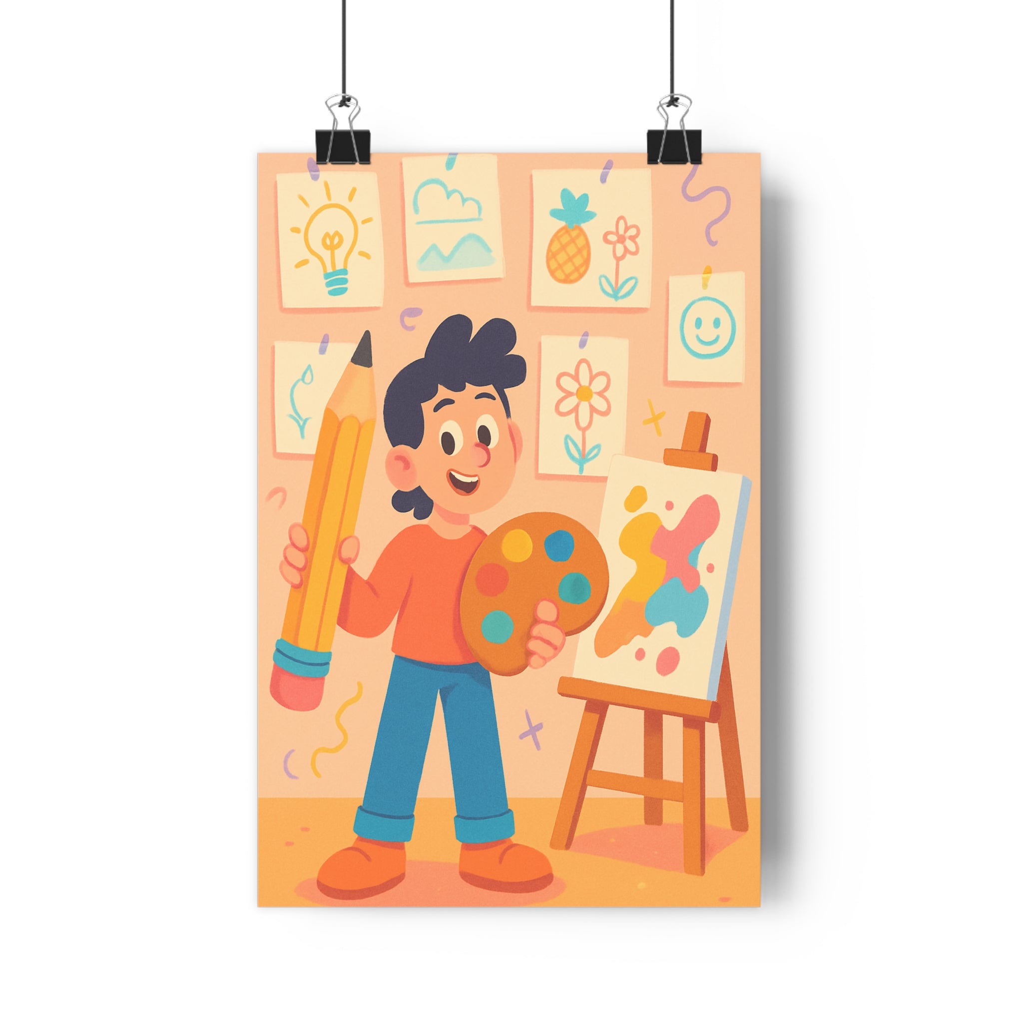 Poster décoratif joyeux cartoon bleu jaune enfant chambre artistique inspirant coloré moderne crayon peinture