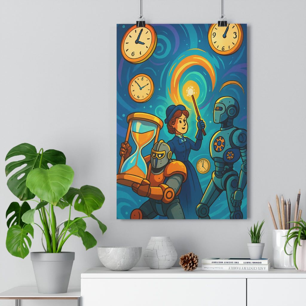 Poster décoratif cartoon steampunk bleu orange jaune aventure salon bureau rétro futuriste horloges robots