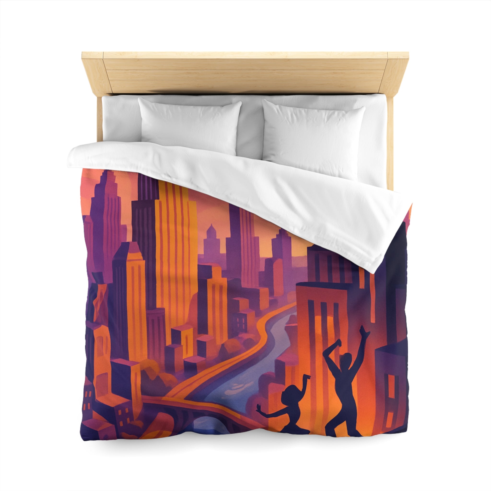 Housse de Couette avec Danseurs et Ville au Coucher de Soleil, Tonalités Vibrantes