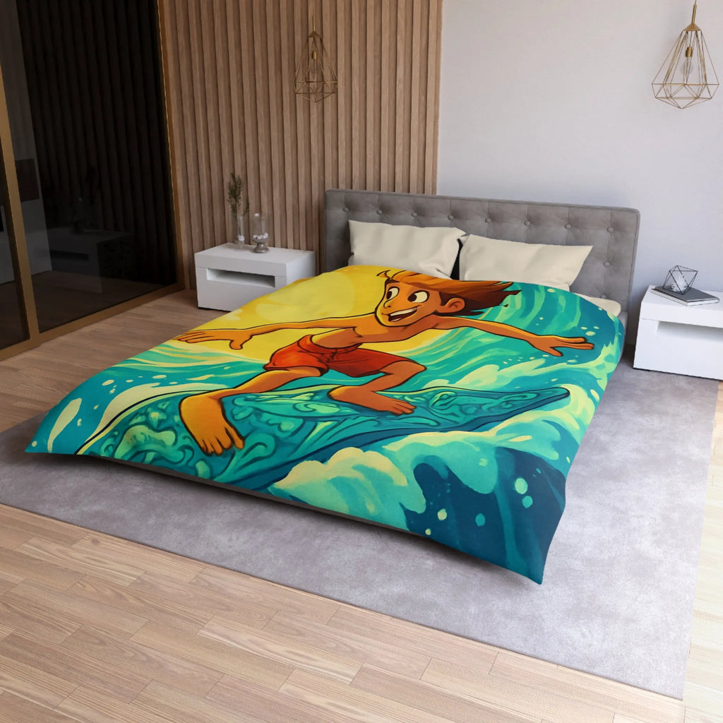 Enfant vibrant surfe sur vague turquoise sous ciel jaune vif artistique et joyeux