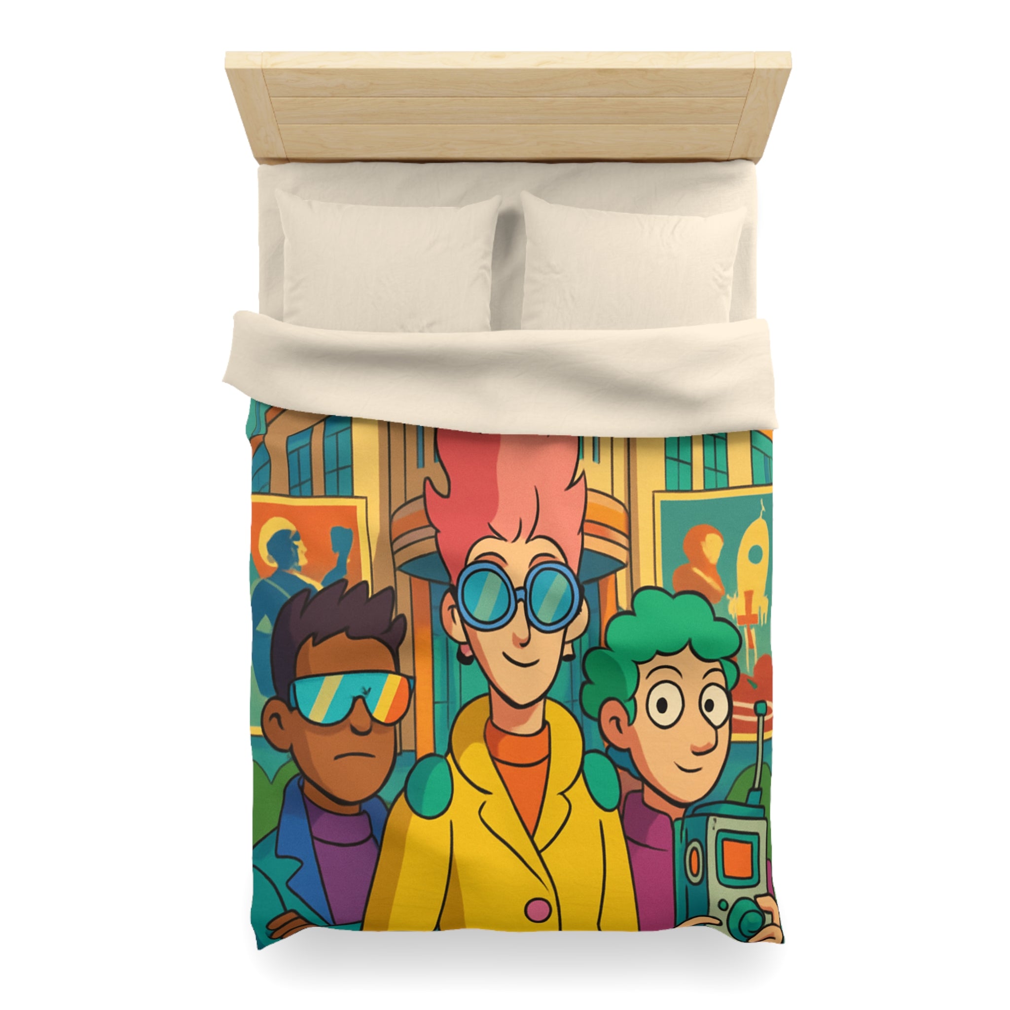 Housse de couette rétro futuriste colorée avec personnages et architecture urbaine stylisée