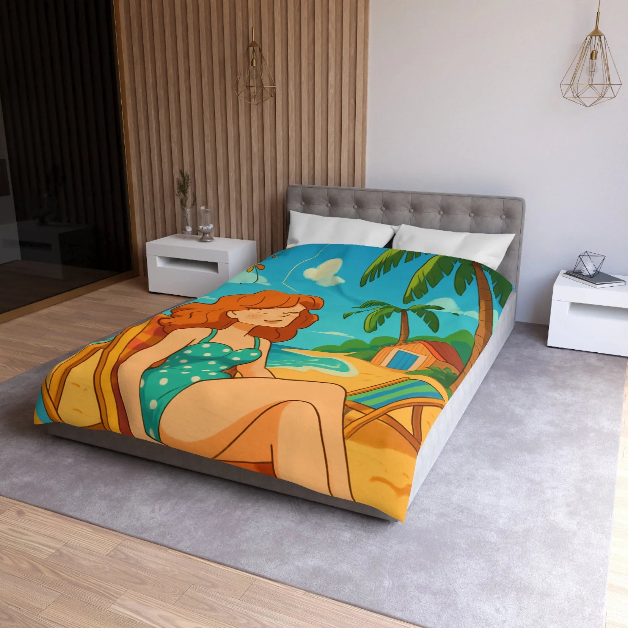 Housse de couette illustrée plage relaxante avec fille et cerf-volant coloré