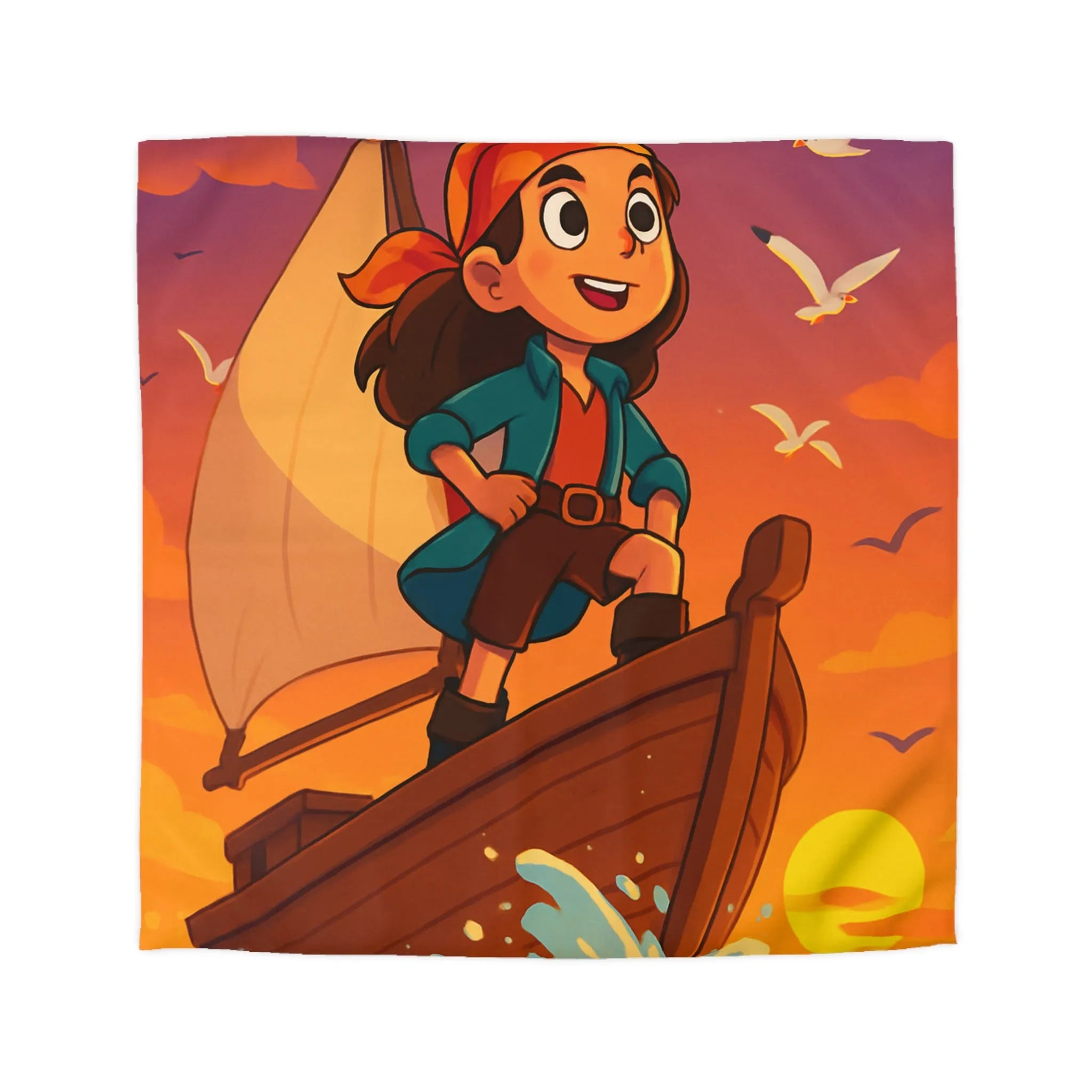 Housse de couette enfant motif pirate aventure en mer avec coucher de soleil vibrant