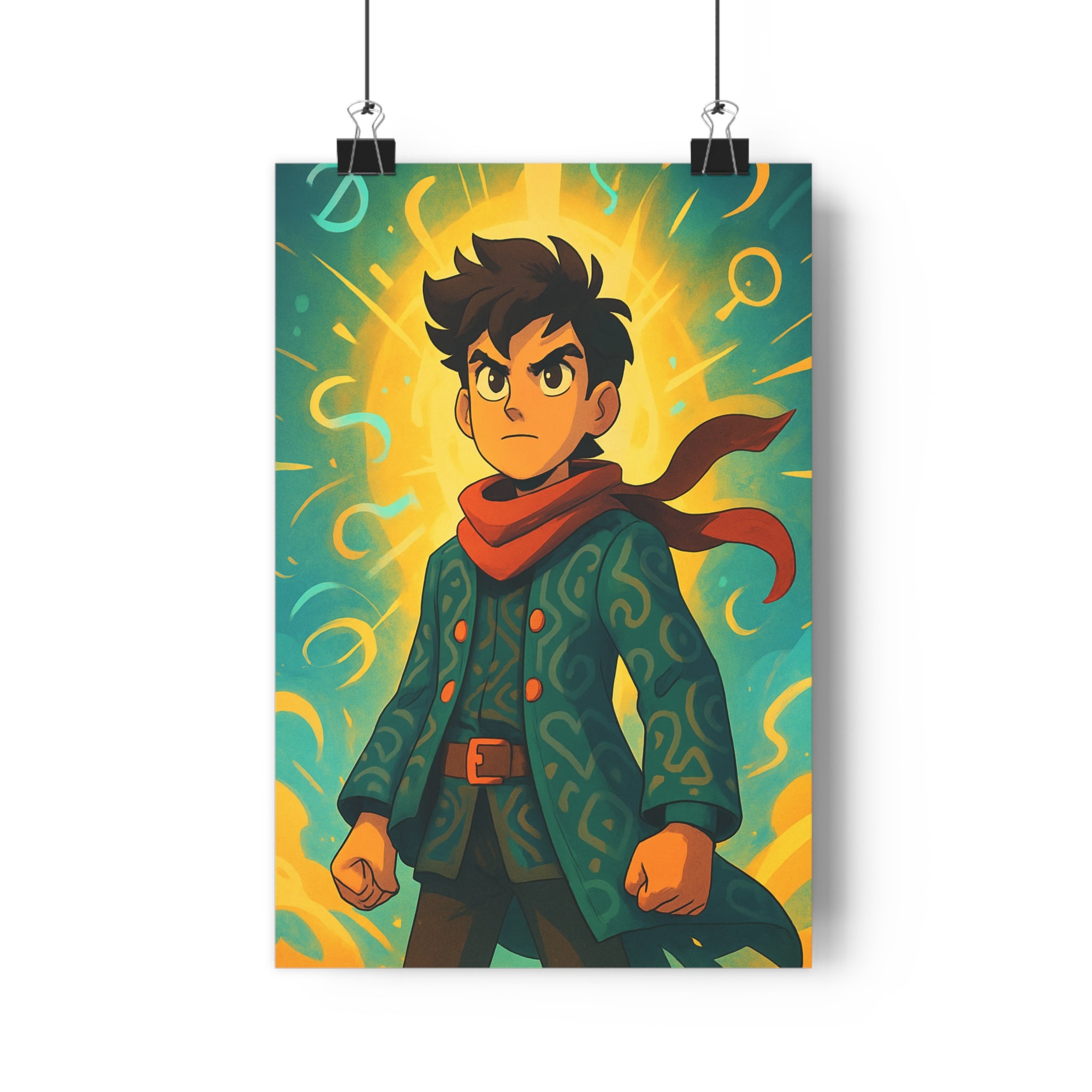 Poster décoratif aventure dynamique jaune bleu enfant moderne ambiance énergique personnage lumineux déterminé chambre