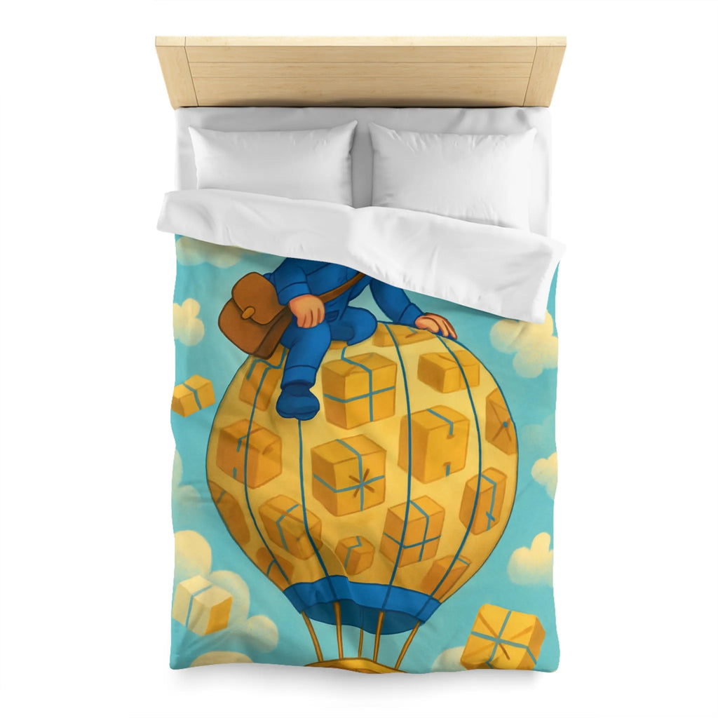 Housse de couette colorée avec montgolfière et livreur volant dans le ciel animés