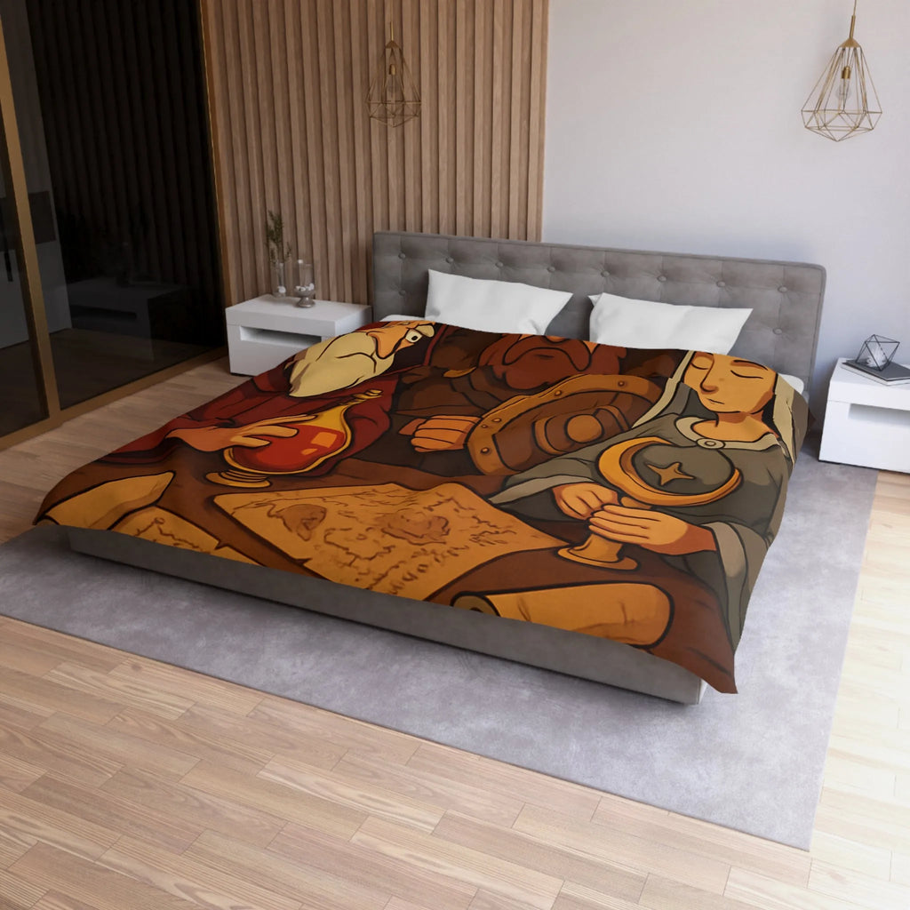 Housse de couette médiévale avec guerrier, mage et princesse tenant des artefacts anciens