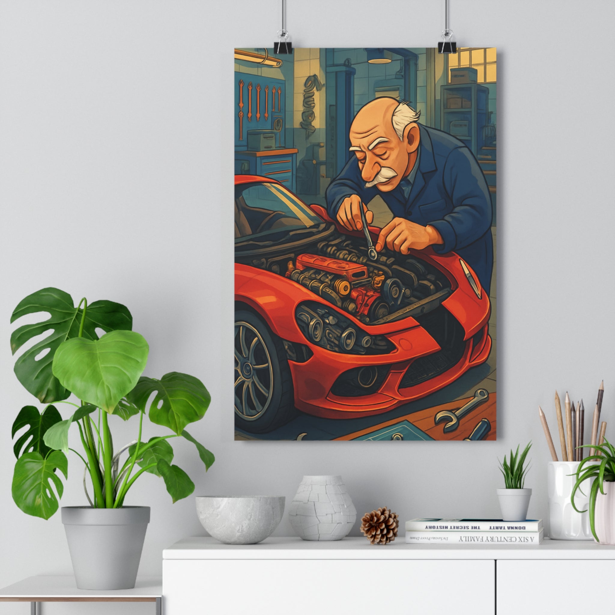 Poster décoratif dessin animé voiture rouge bleu mécanique garage technique vibrant salon passionné qualité